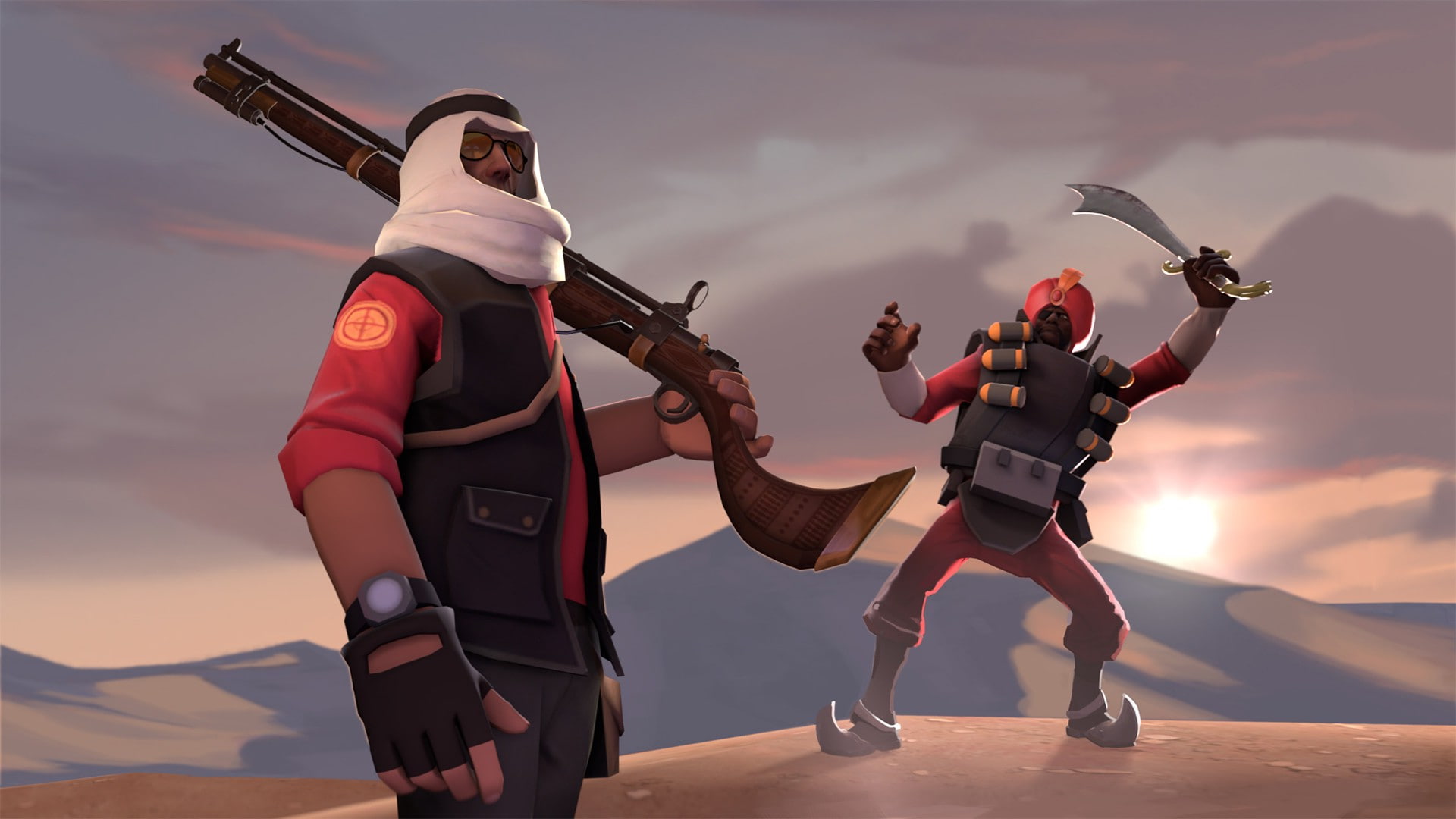 Team Fortress 2, protection, togetherness, playing, sky, front view, sunset, Demoman, security, standing, teenage boys, outdoors, lifestyles, Sniper (TF2), HD Wallpaper