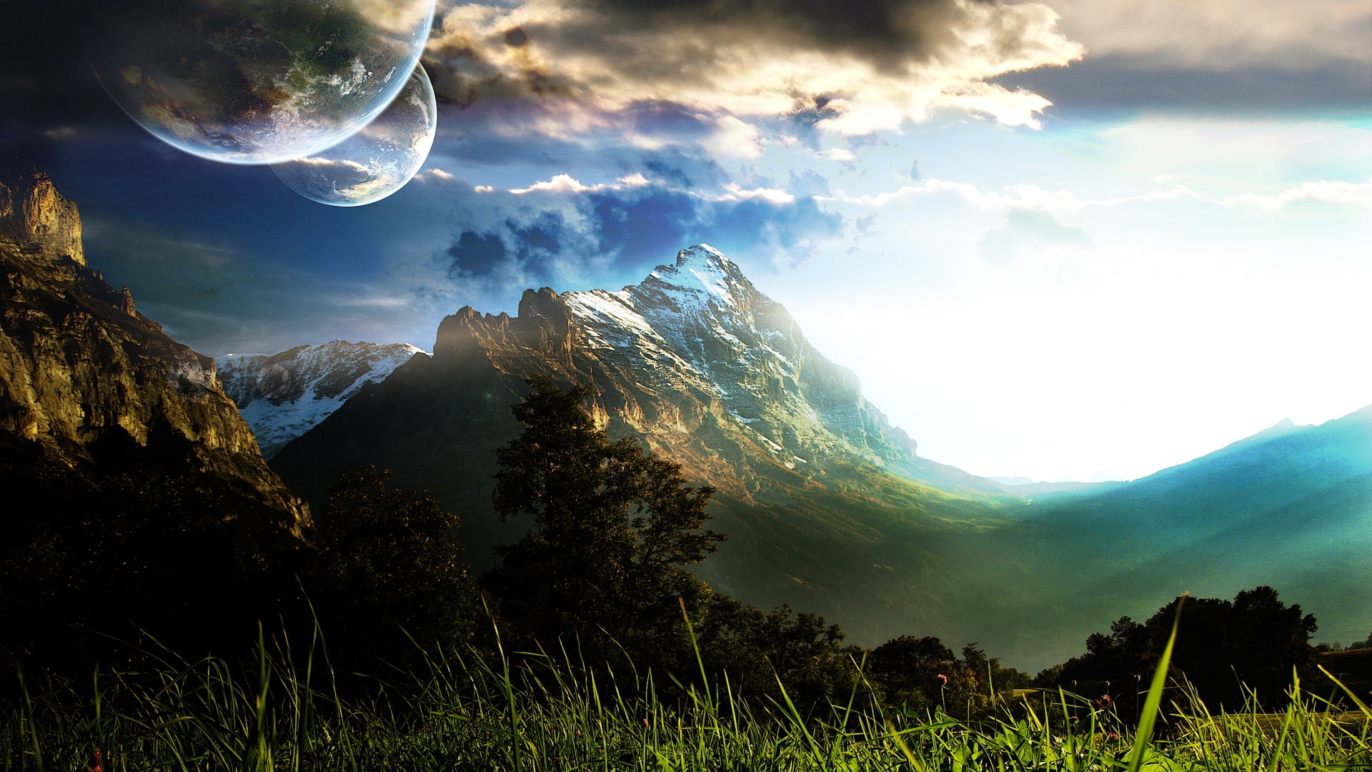 1080P, art, nature, mountains, Clouds, hd, fantasy, abstract, planets, landscapes, x, digital, HD Wallpaper