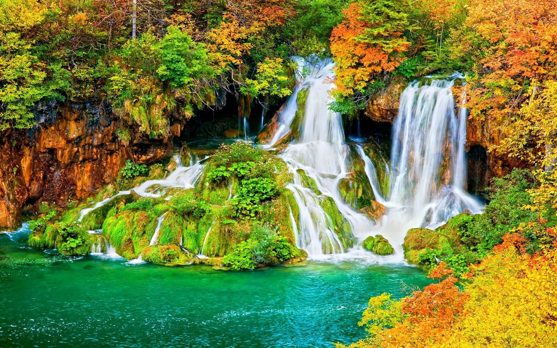 shrubs, forest, europa, park, green, plitvice, yellow, 1080P, turquoise, moss, landscape, waterfall, national, croatia, leaves, autumn, rocks, trees, red, HD Wallpaper