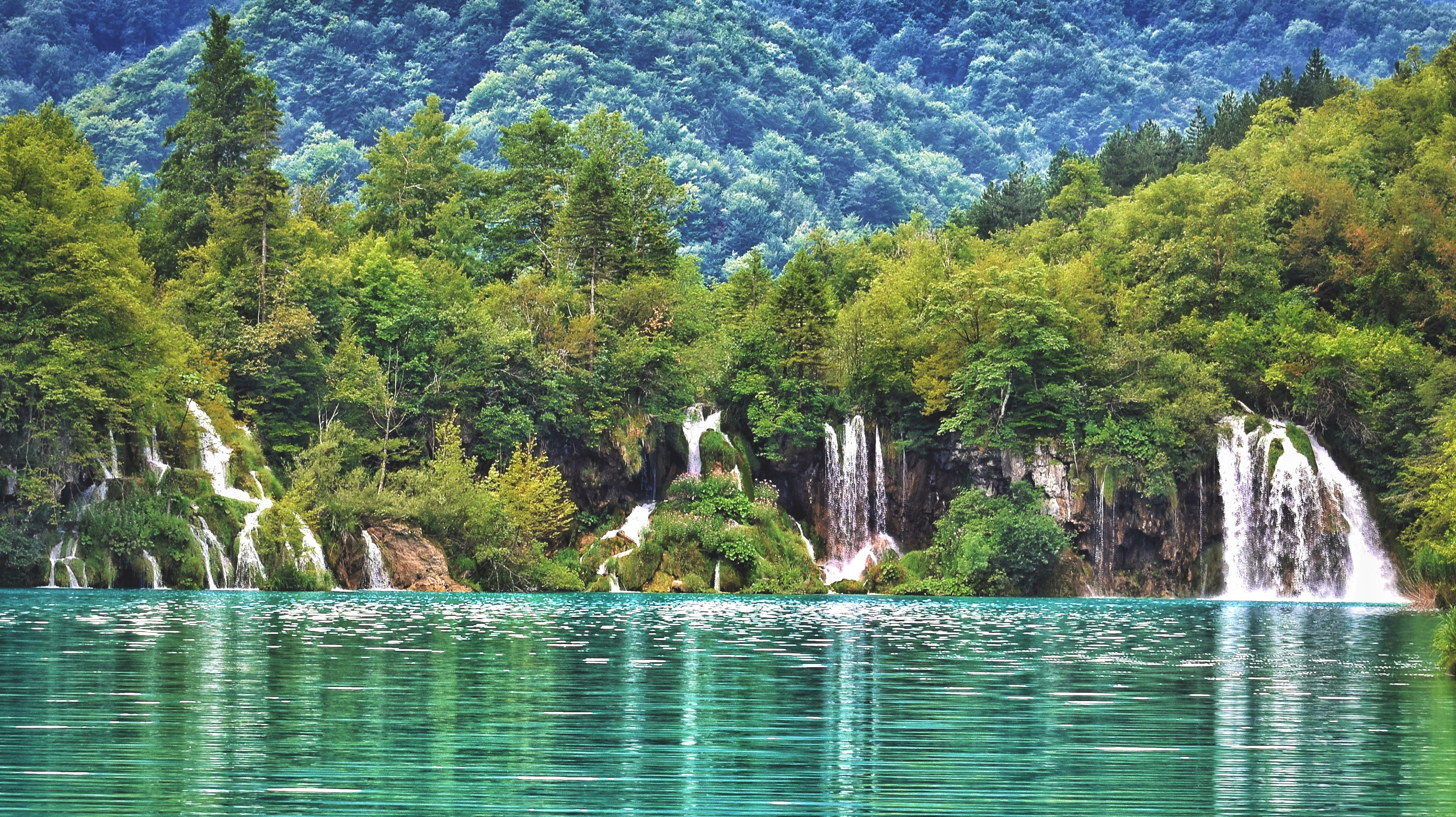 tranquil scene, waterfall, waterfront, plitvice lake, outdoors, tree, tranquility, plant, nature, green color, idyllic, nature, growth, mountain, HD Wallpaper