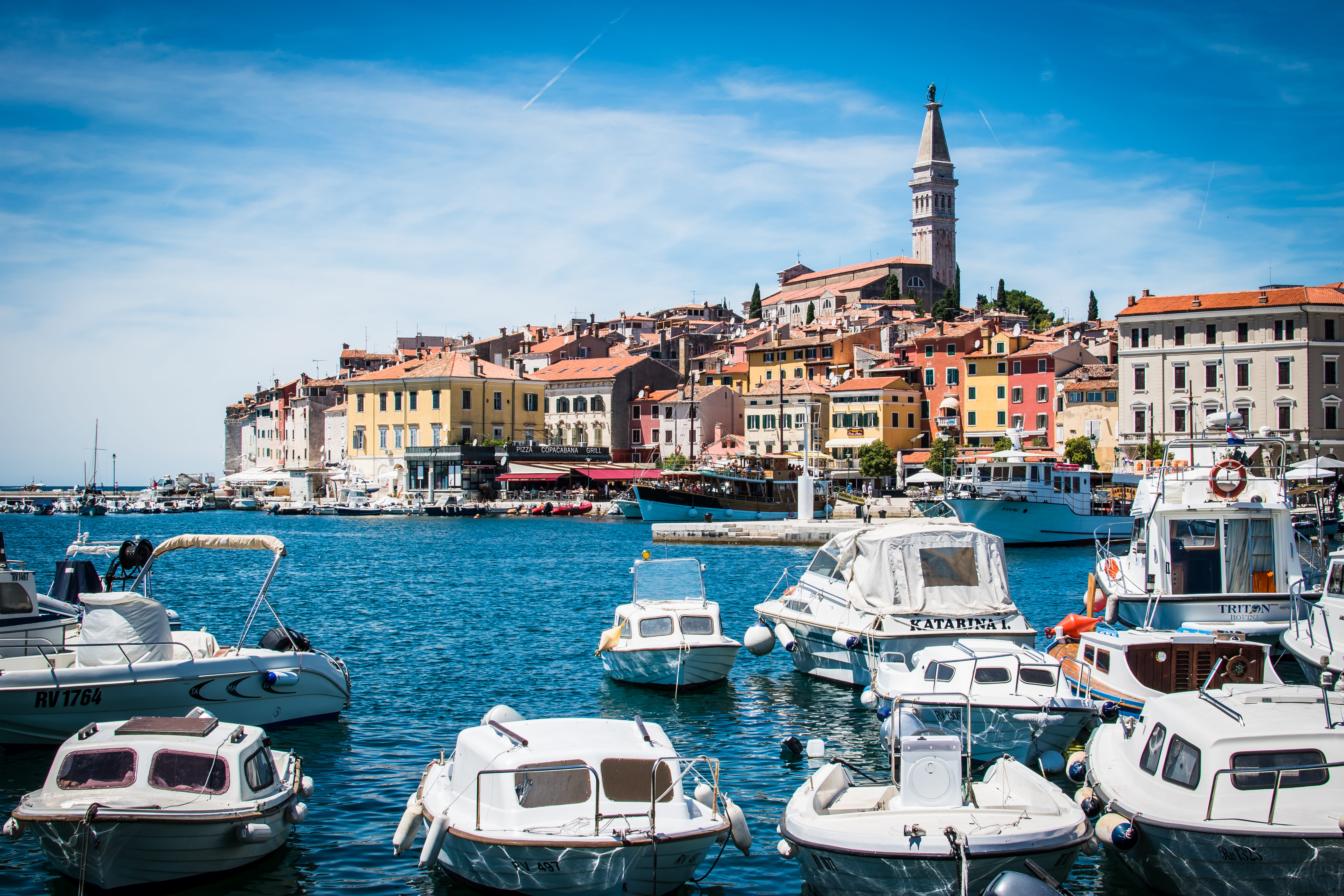 boats, cityscape, built structure, hrvatska, harbour, religion, travel destinations, outdoors, travel, day, mode of transportation, istra, city, canal, HD Wallpaper