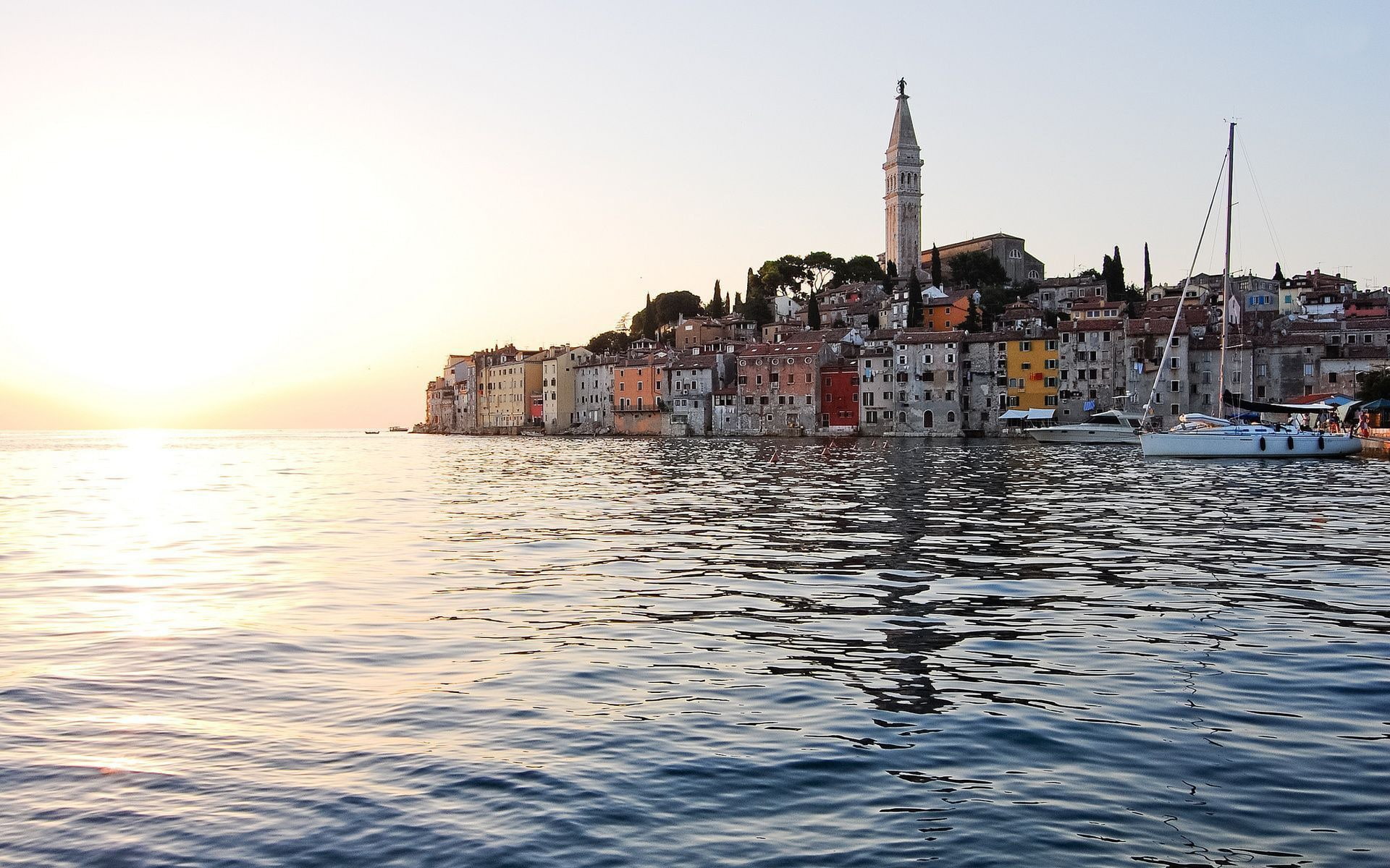 building exterior, cityscape, waterfront, water, sunset, nautical vessel, city, transportation, sea, clear sky, rovinj, outdoors, religion, architecture, HD Wallpaper