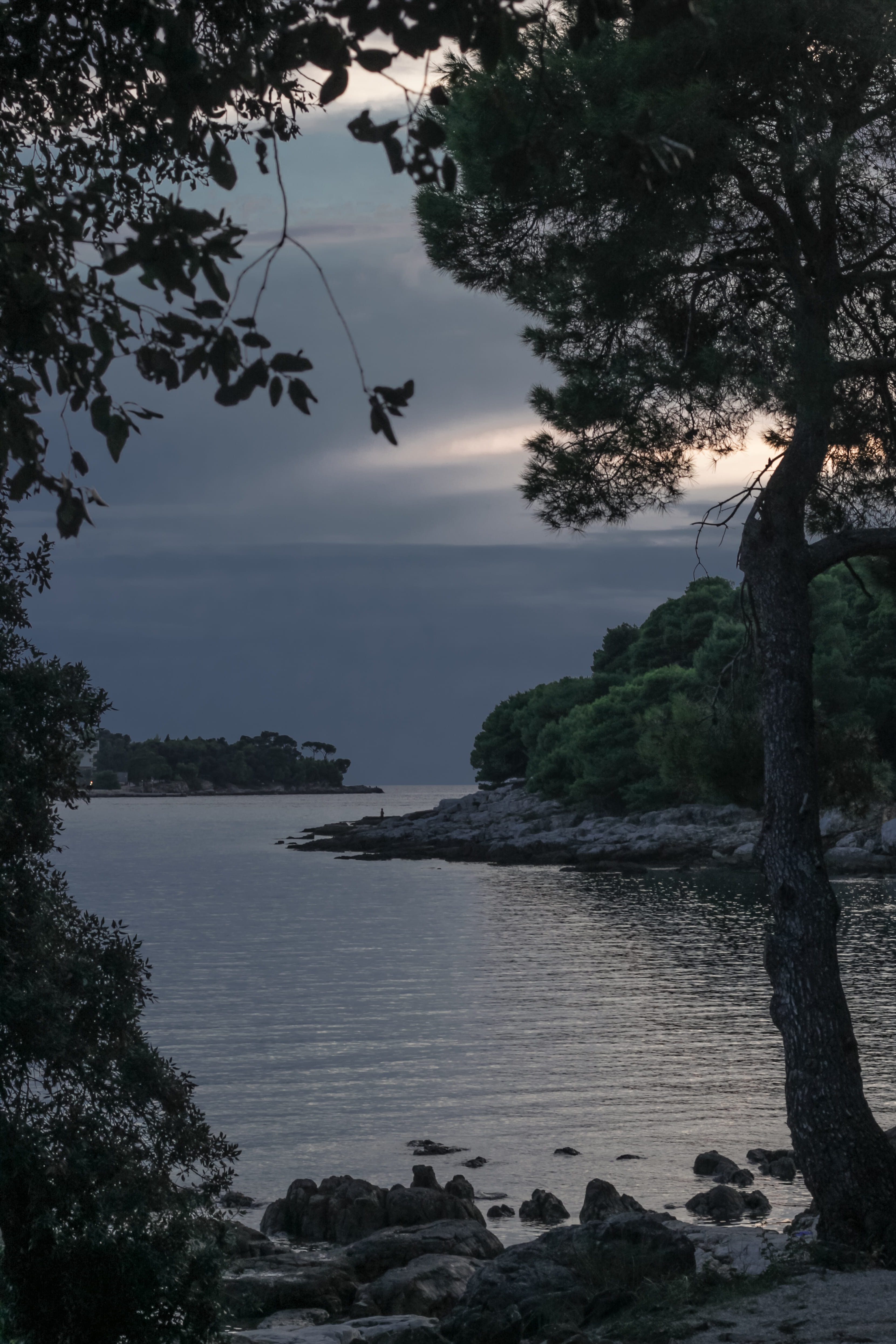 rock, istria, croatia, rovinj, rock - object, outdoors, no people, land, cloud - sky, romantic, night, solid, hrvatska, mood, landscape, calm, water, tranquil scene, Phone HD Wallpaper