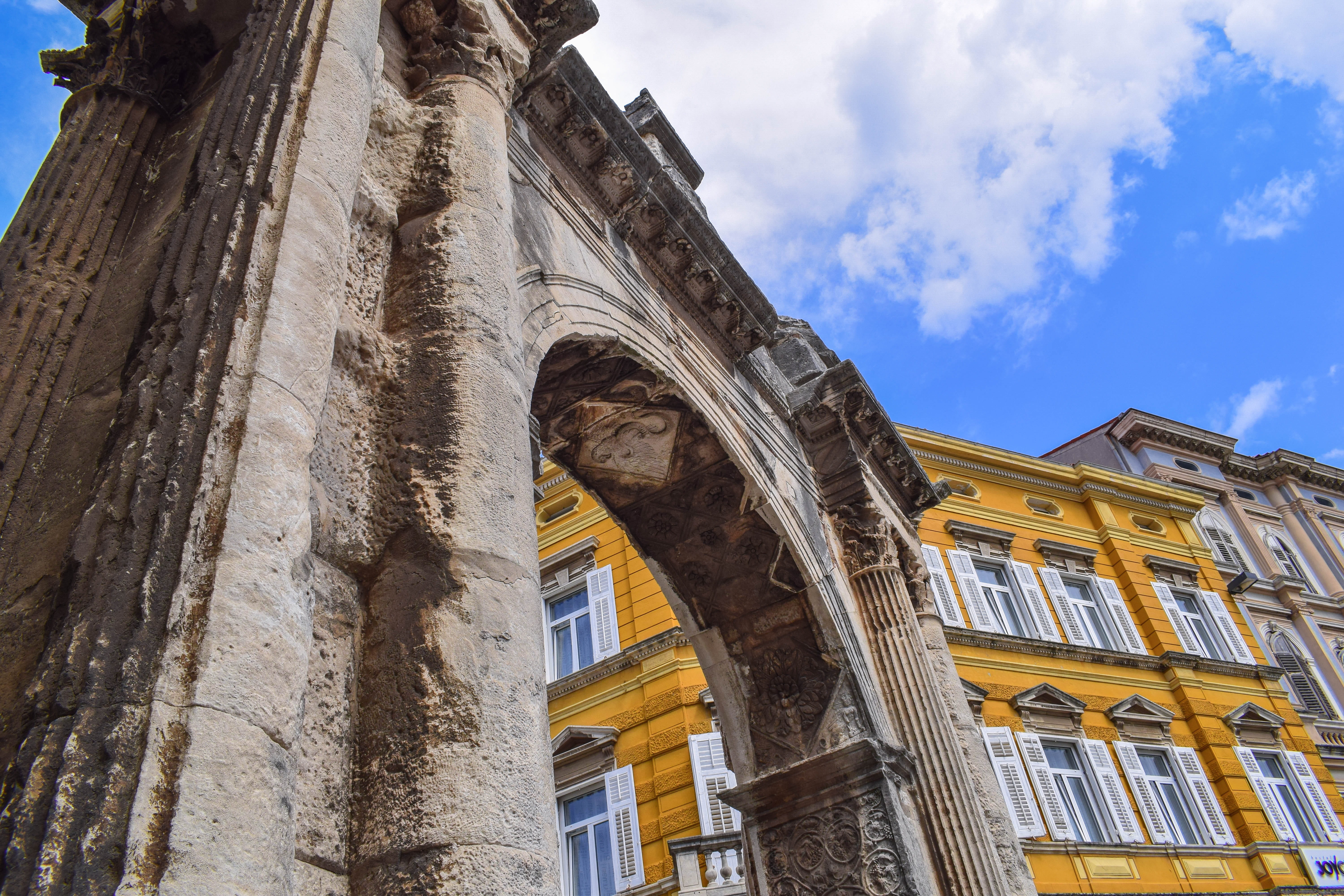 the past, archaeology, roman, religion, antiquity, pula, croatia, sky, city, ancient civilization, monuments, stone wall, day, outdoors, cloud - sky, architecture, HD Wallpaper