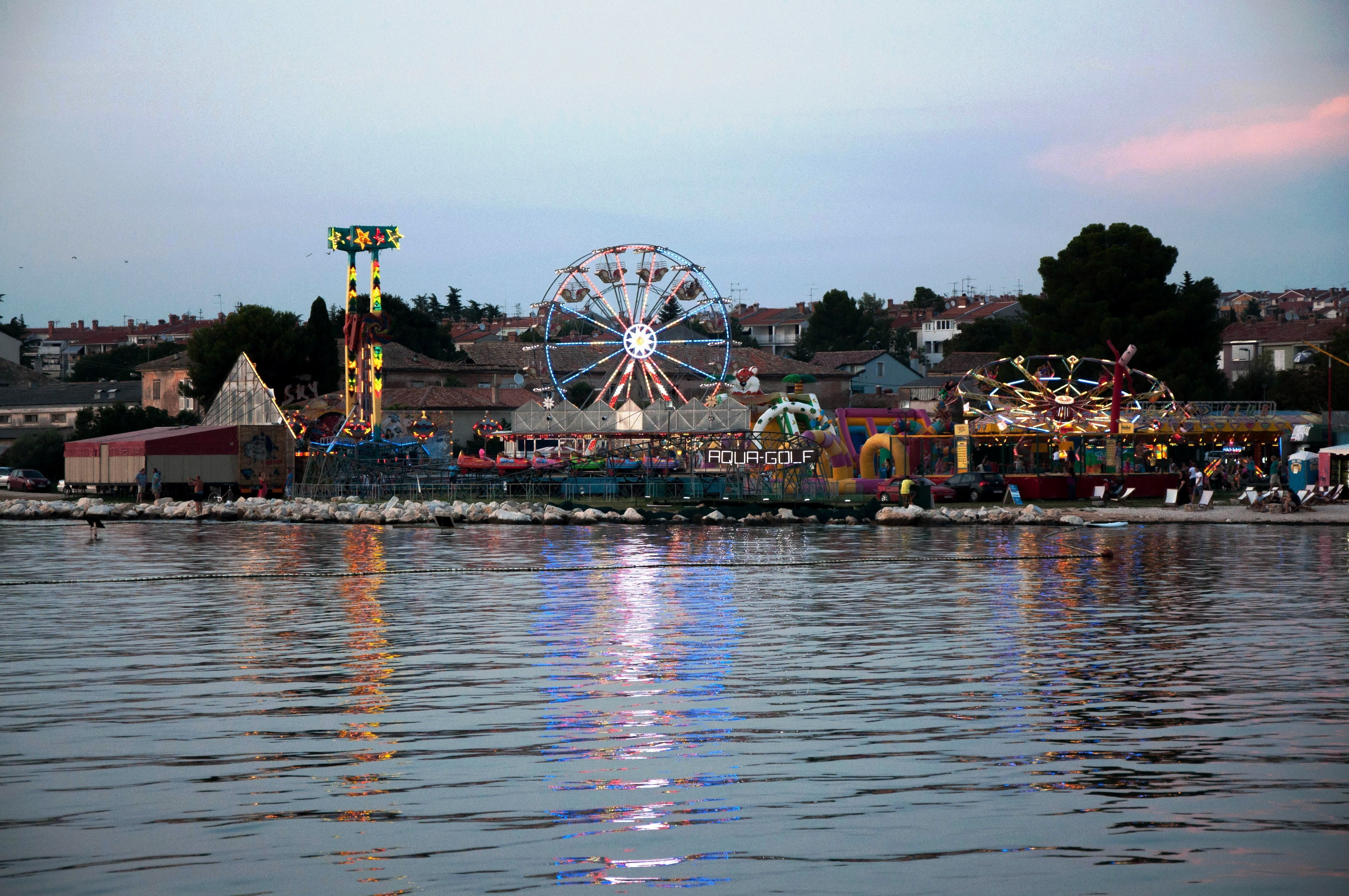 city, funfair, sea, building exterior, travel destinations, traveling carnival, built structure, rollercoaster, istria, water, leisure activity, porec, HD Wallpaper