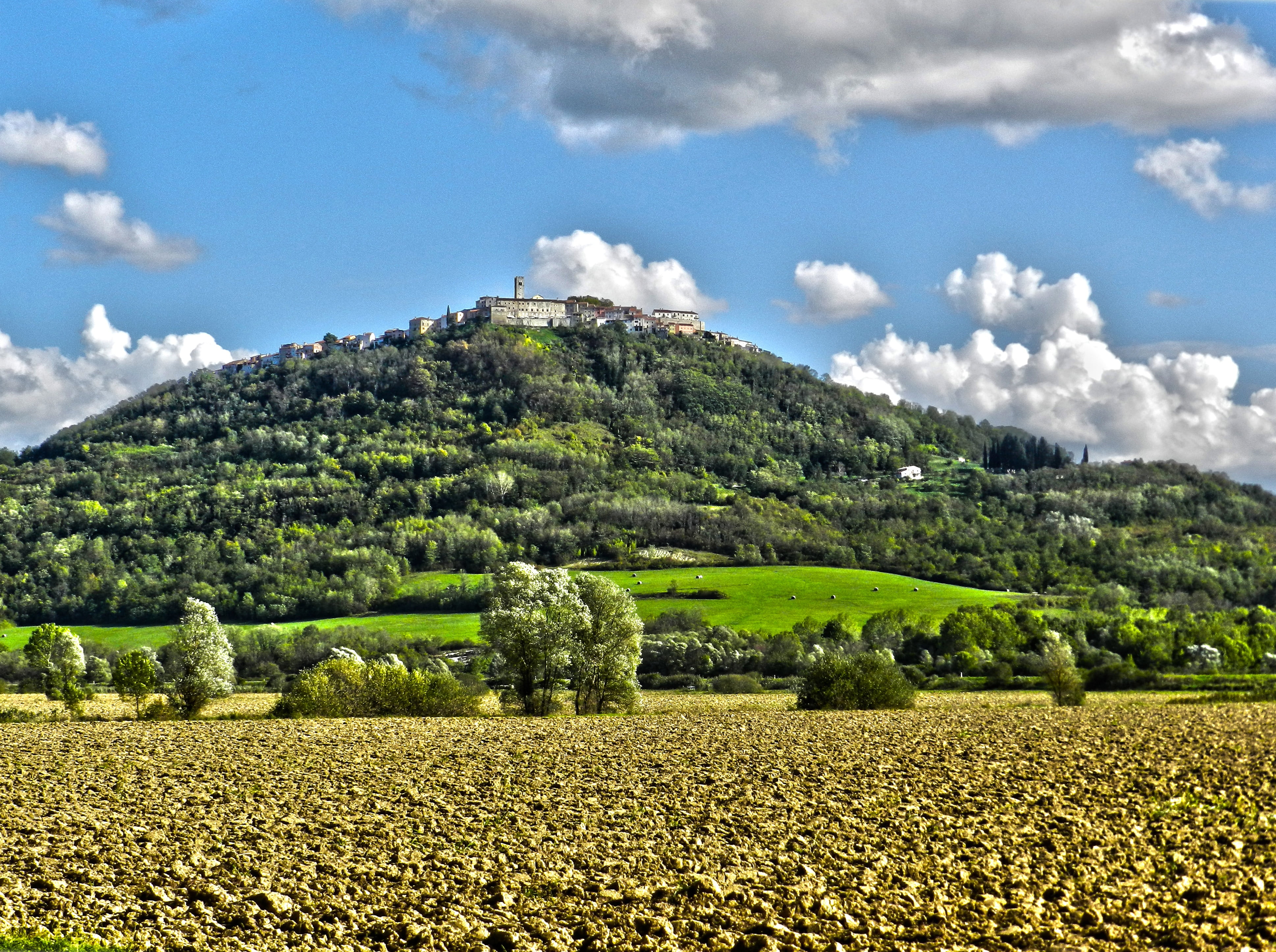 hill, agriculture, scenics - nature, sky, village, day, tourism, cloud - sky, ground, landscape, nature, istria, castle, history, tranquility, medieval, HD Wallpaper