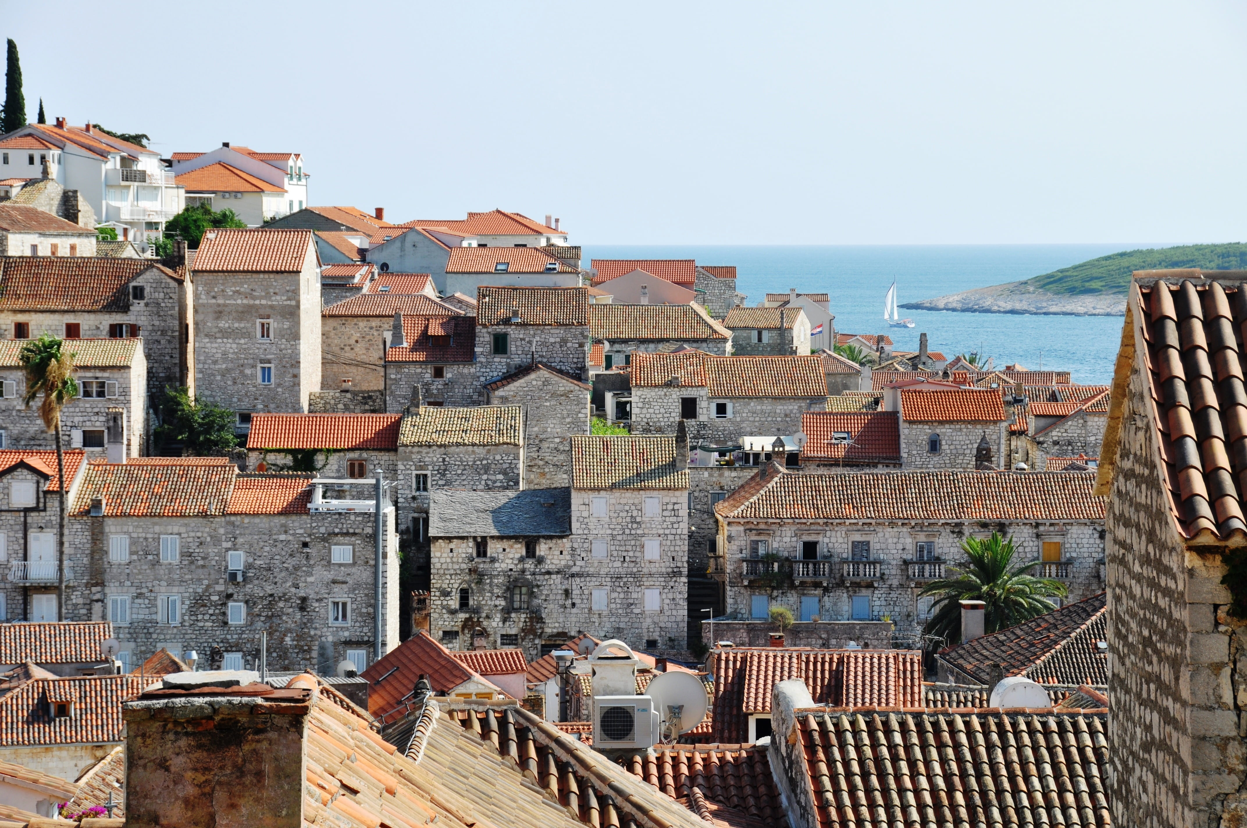 croatia, community, townscape, crowd, concrete, roof tile, houses, water, roof, sky, architecture, cityscape, 4K, clear sky, town, view, built structure, HD Wallpaper