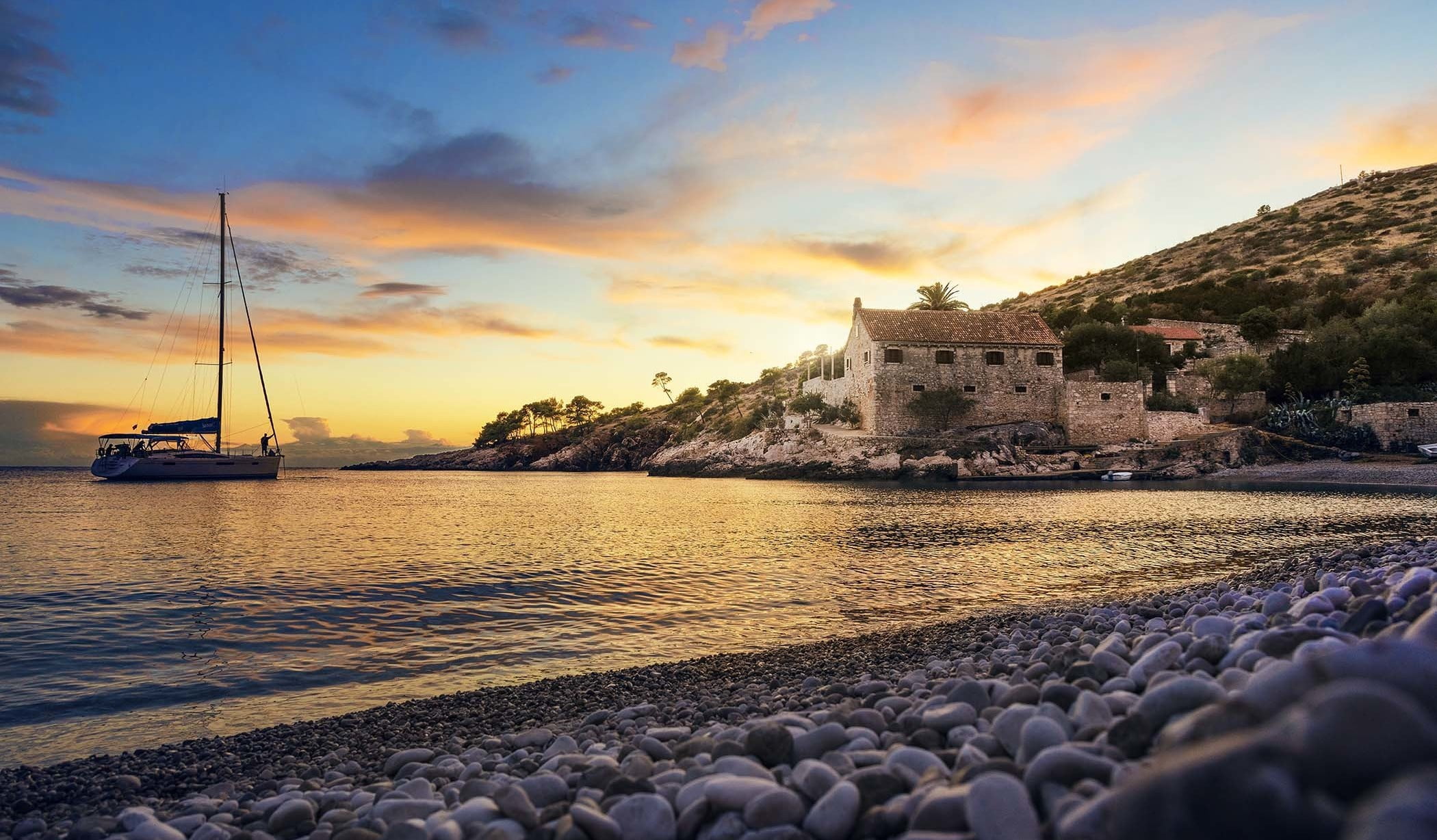 1080P, Hvar, Adriatica, beach, yacht, sea, Dubovica, the island of Gvar, the evening, HD Wallpaper