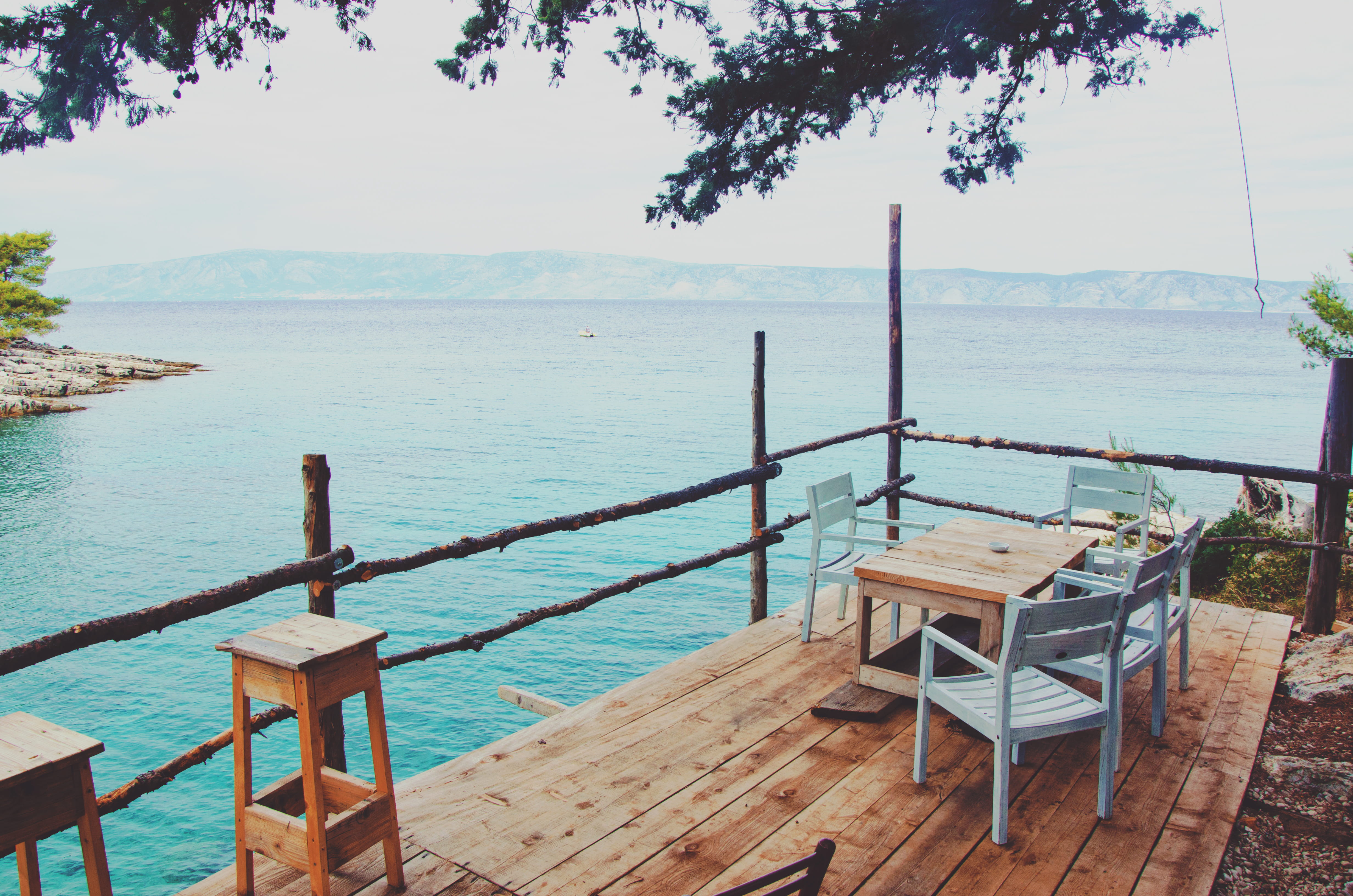 scenics - nature, time, sky, seat, idyllic, tree, outdoors, coffe, nature, 4K, wood - material, chorwacja, water, no people, empty, beauty in nature, tranquil scene, HD Wallpaper