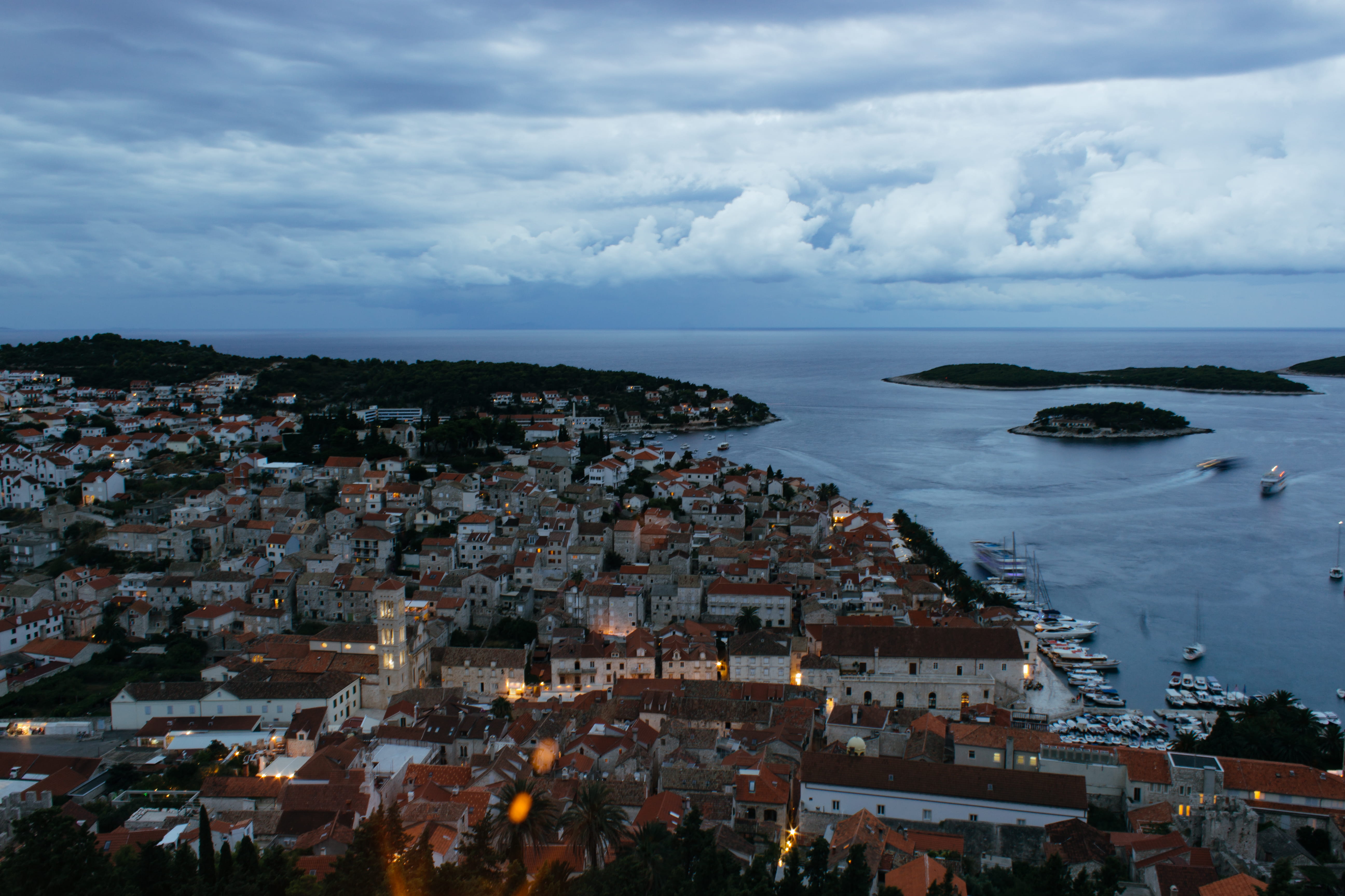 built structure, town, water, no people, cloud - sky, outdoors, high angle view, horizon, sky, port, horizon over water, hvar, isaland, 5K, cityscape, HD Wallpaper