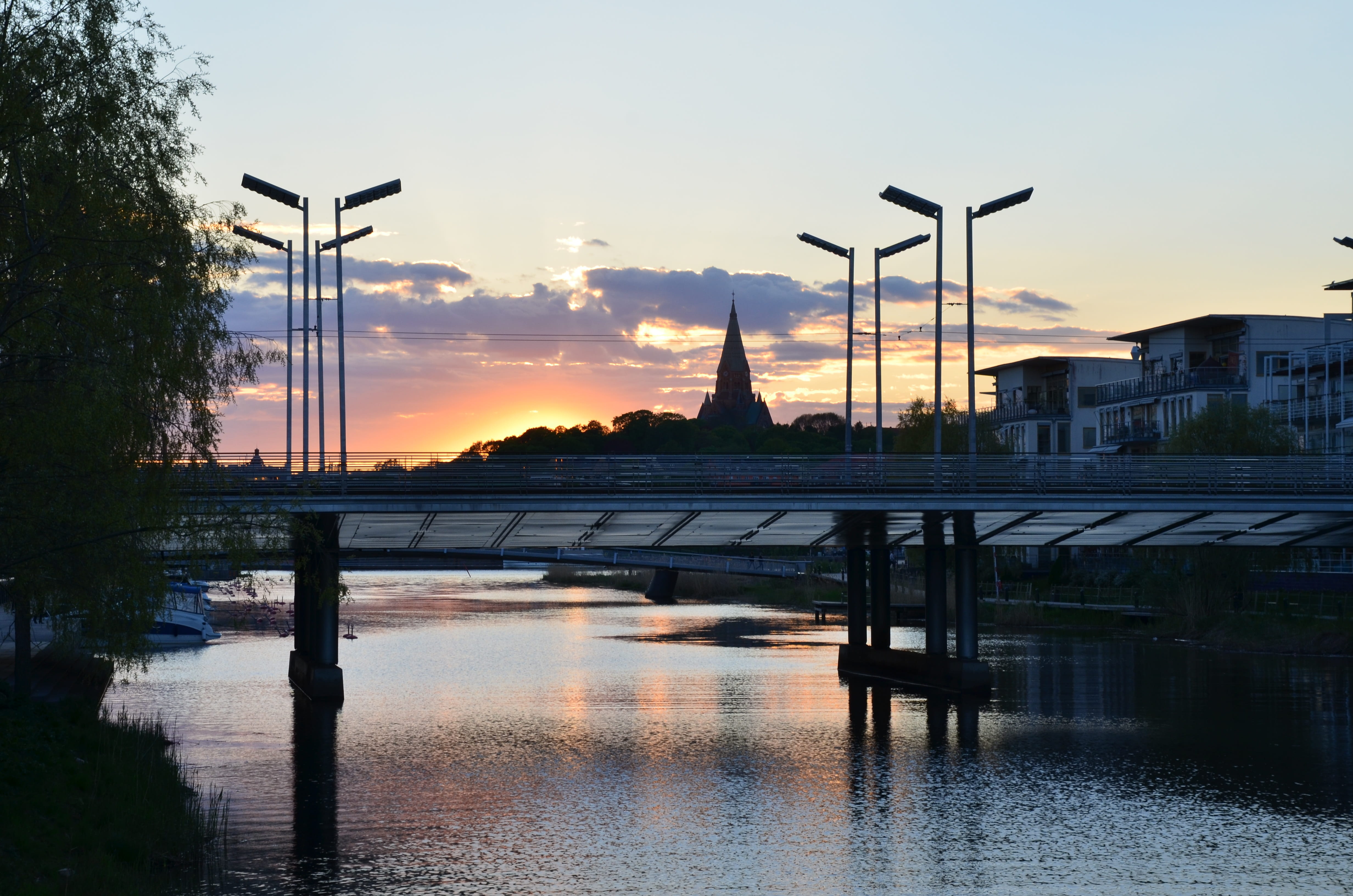 summer, connection, bridge, sunset, mirroring, architecture, tourism, water, electricity, orange color, city, reflection, sun, Sweden, sky, swedish, river, HD Wallpaper