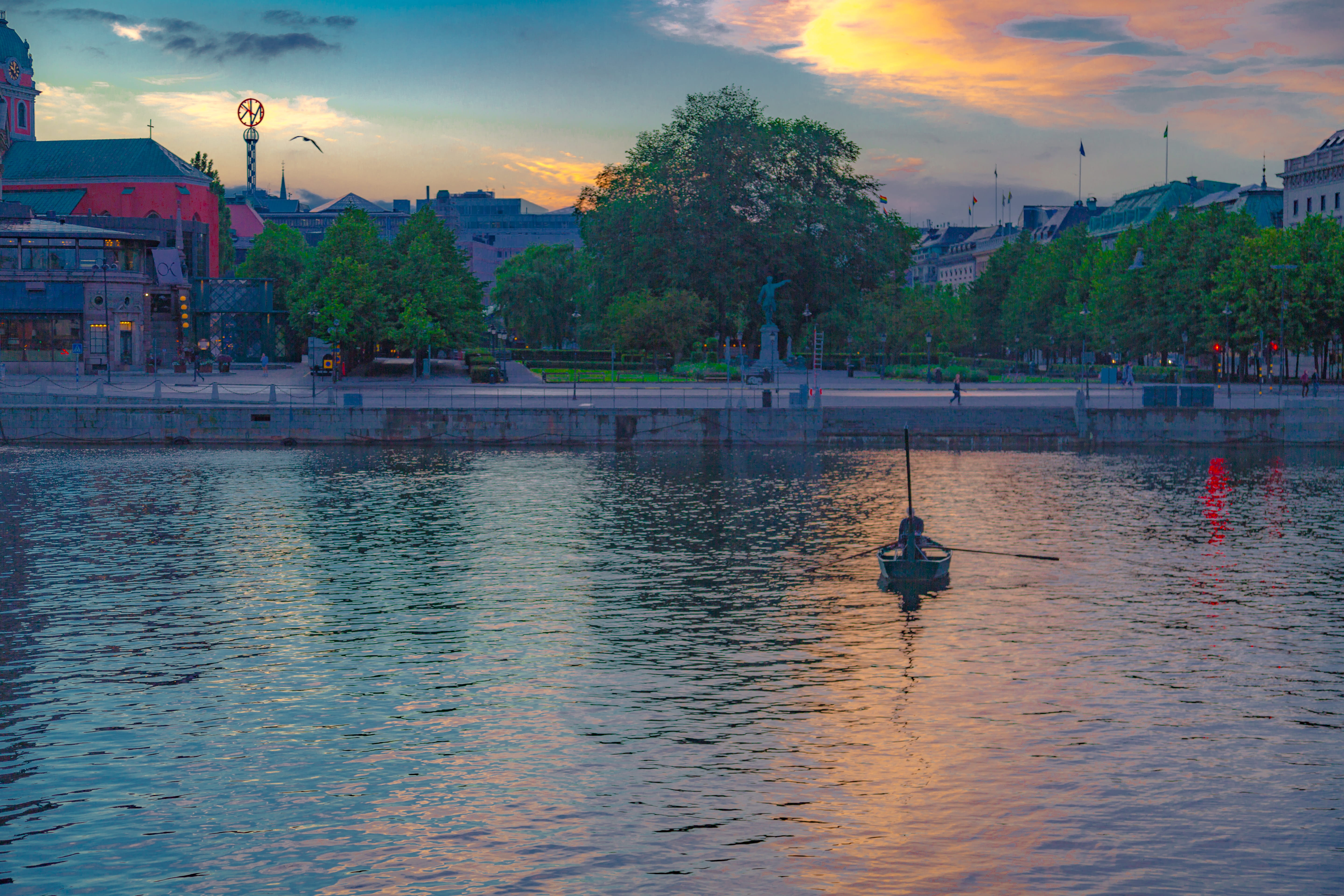 clouds, real people, one person, architecture, beauty in nature, boat, cloud - sky, stockholm, waterfront, plant, tree, trees, landscape, buildings, city, HD Wallpaper