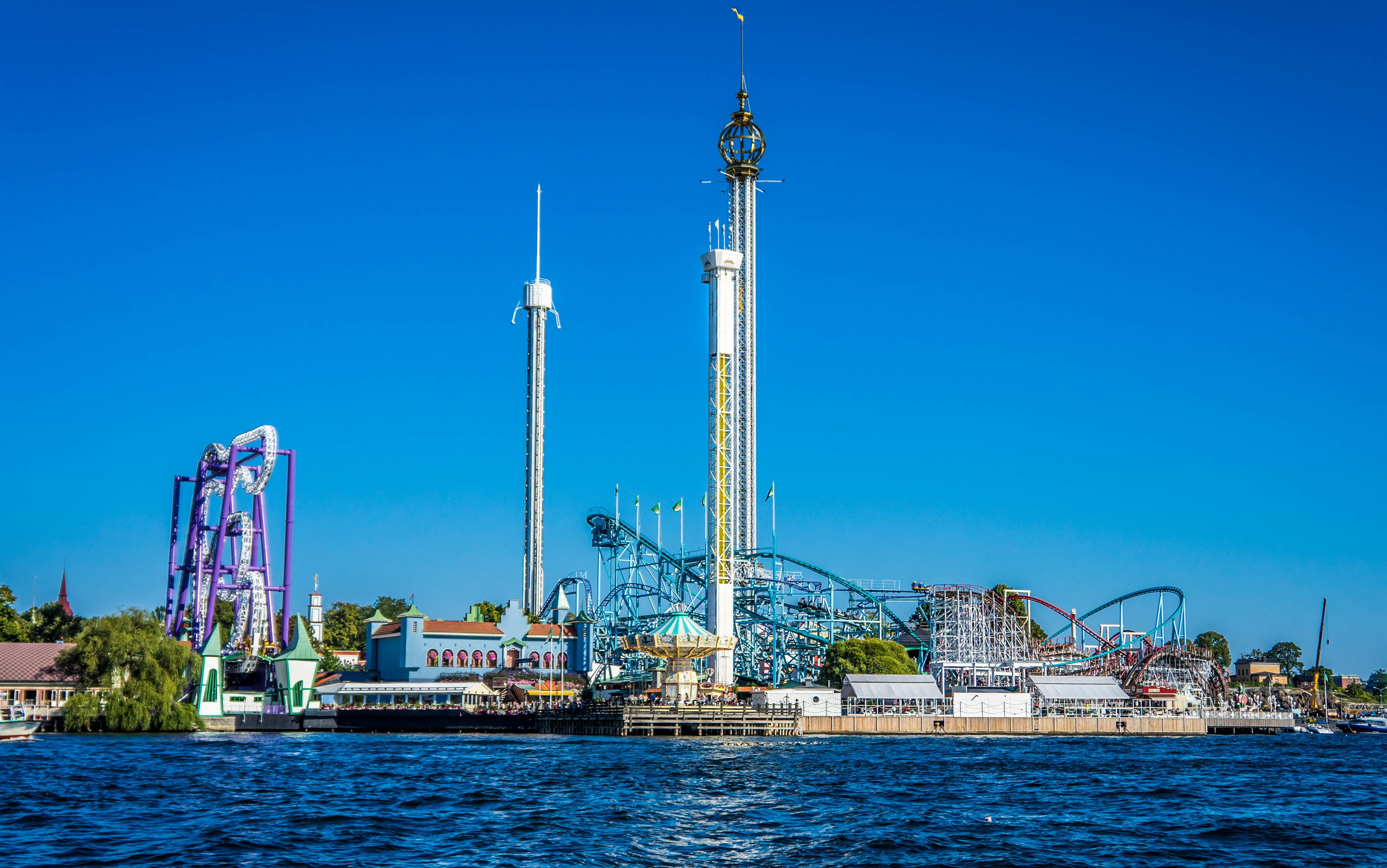 water, blue, stan, amusement park, travel, clear sky, swedish, tower, industry, nautical vessel, building exterior, built structure, outdoor, day, waterfront, HD Wallpaper