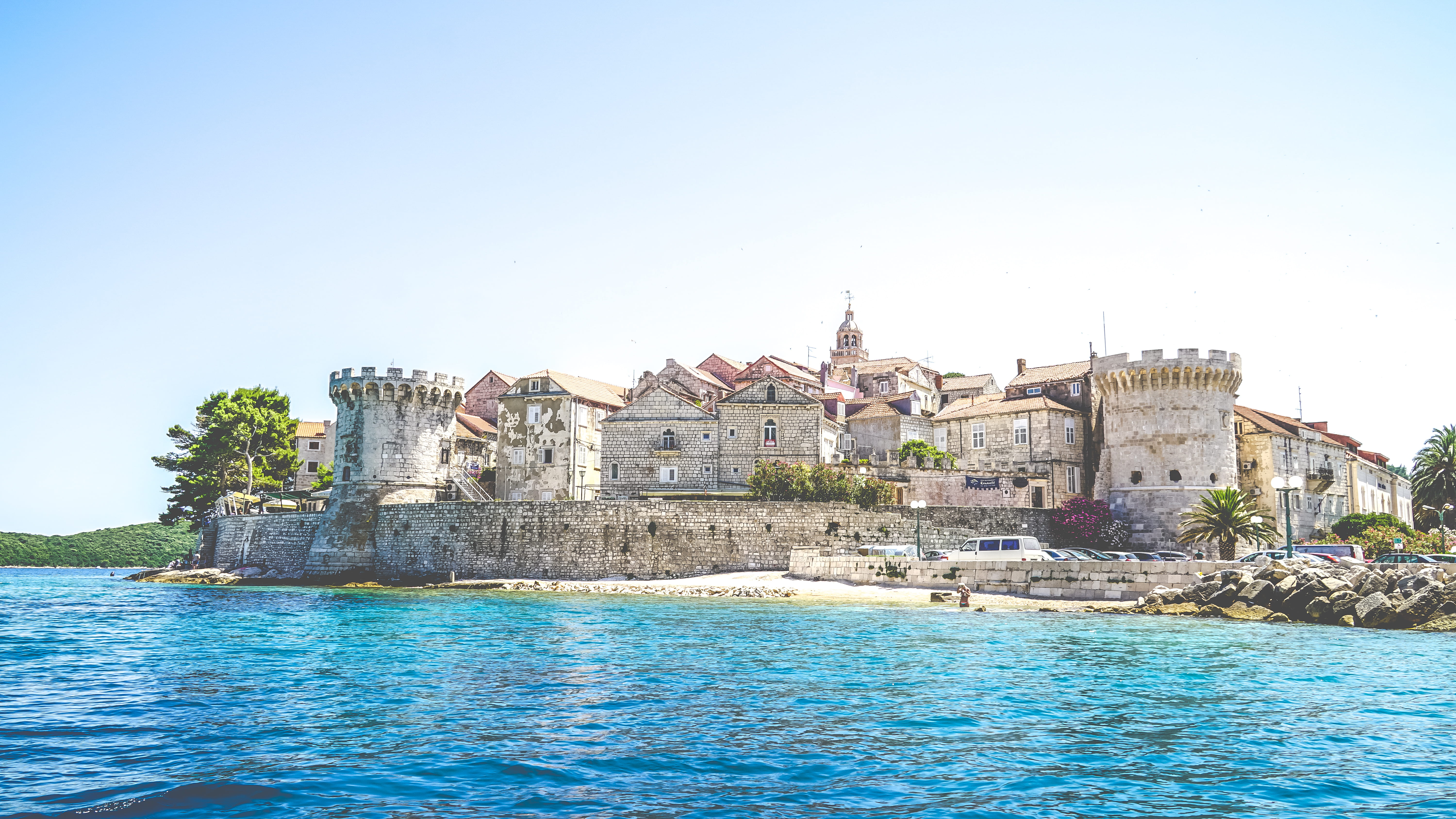 body, city, the past, fortress, copy space, clear sky, sky, turret, medieval, palm tree, wall, church, outdoors, daytime, day, island, building, building exterior, HD Wallpaper