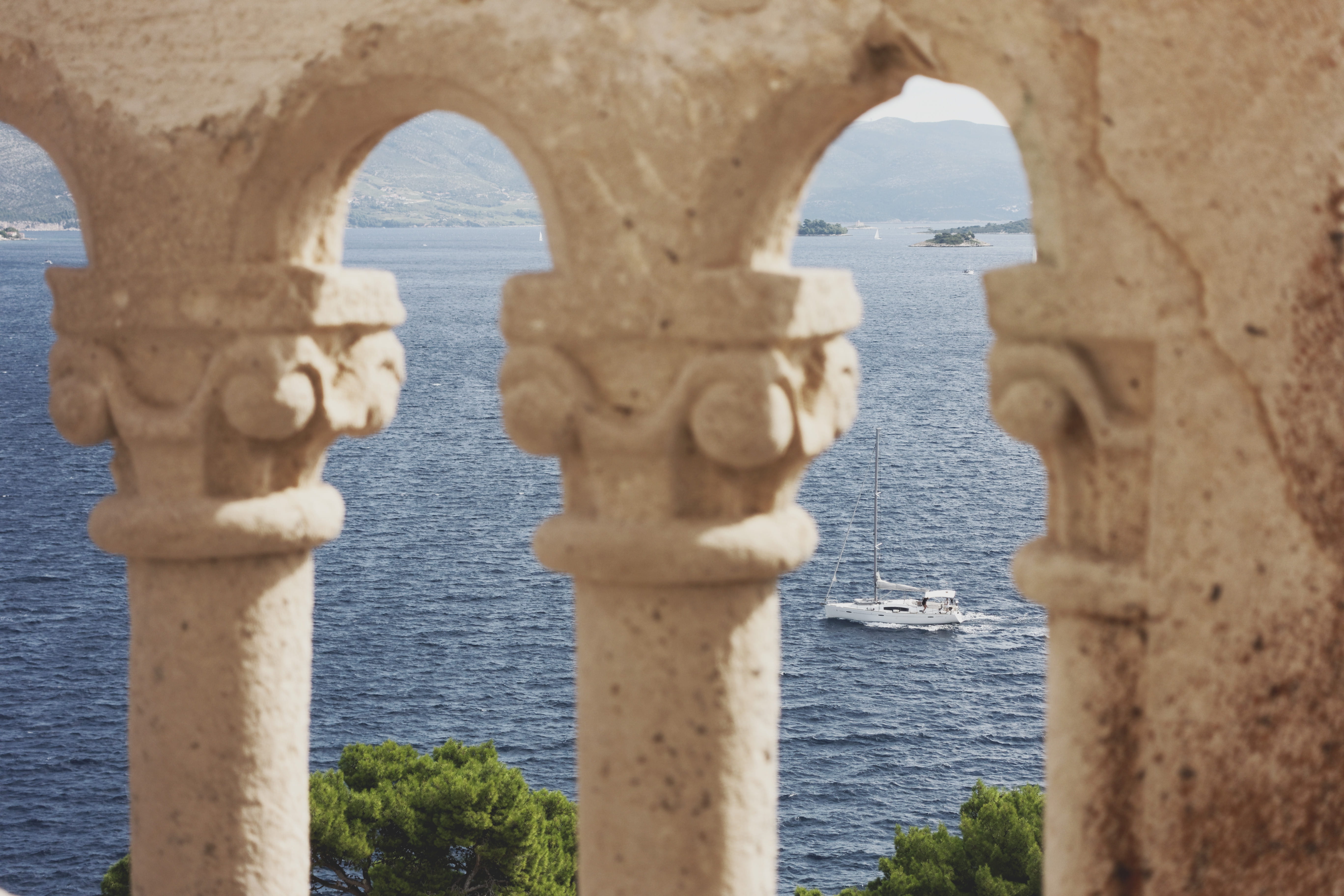 travel, the past, arc, built structure, stone, building exterior, boat, architectural column, adriatic, water, outdoors, sailing, pelješac, travel destinations, HD Wallpaper