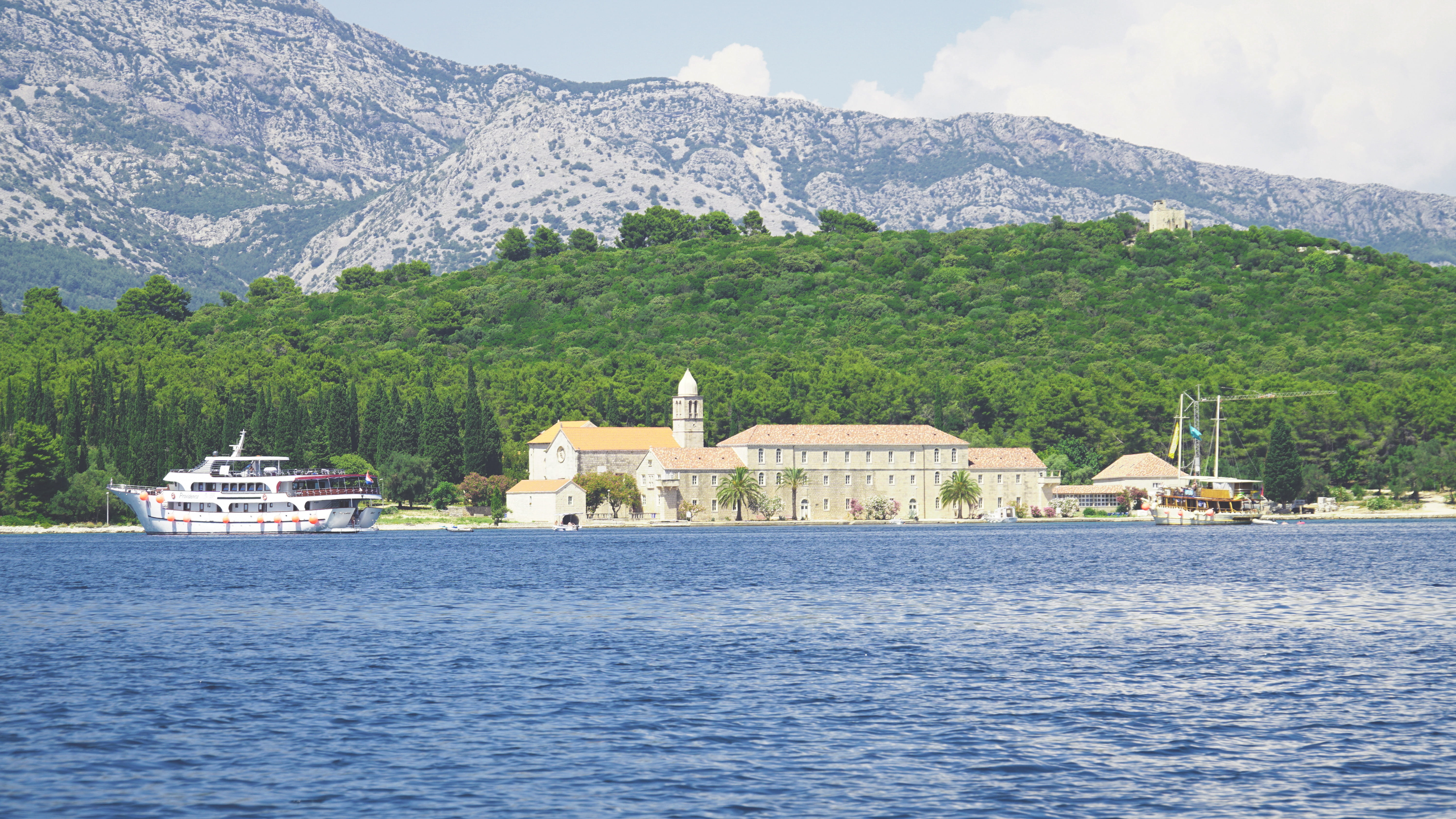 shoreline, land, architecture, scenics - nature, nature, day, mountain, mountains, trees, sea, 5K, trip, a6000, nautical vessel, island, korčula, monastery, HD Wallpaper