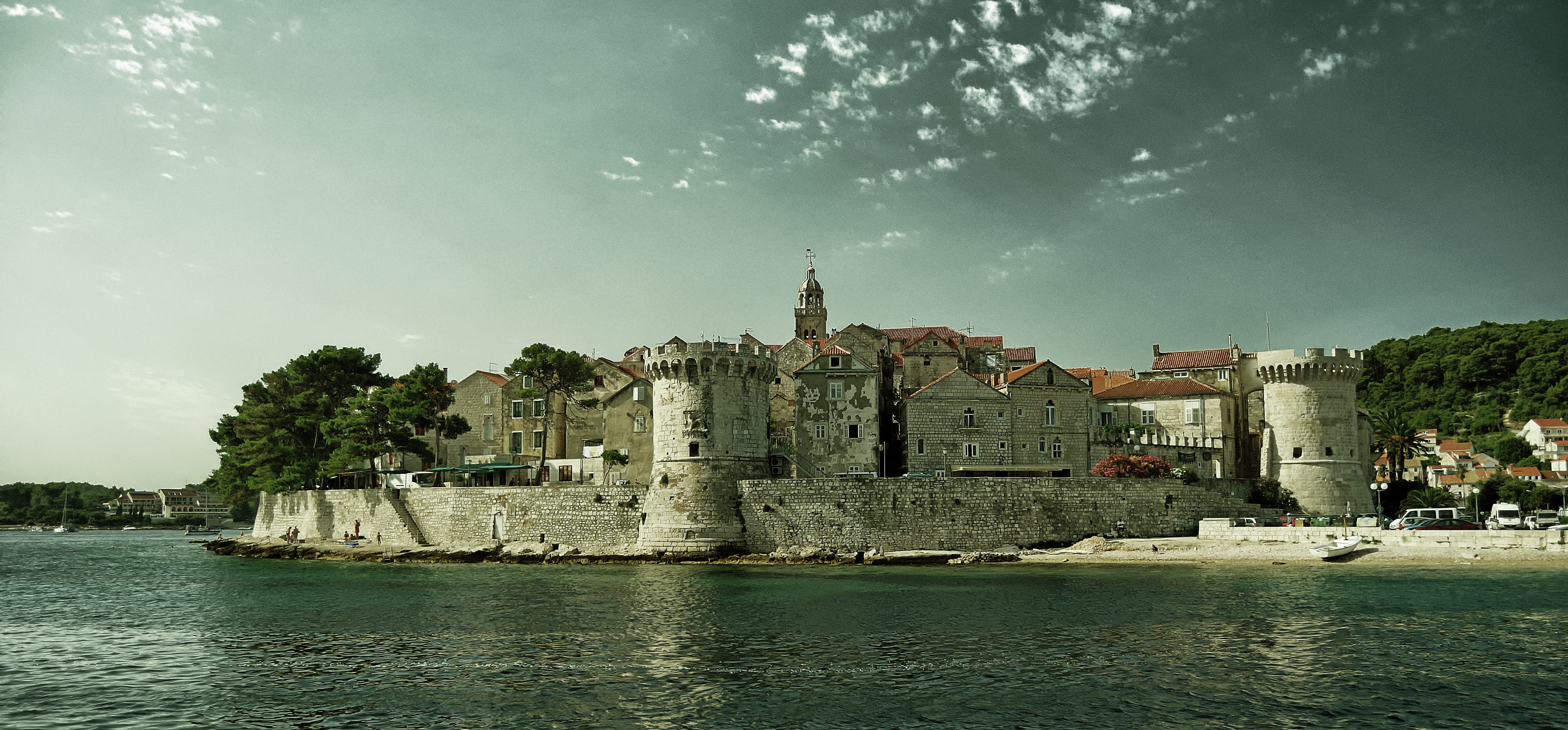 built structure, korcula old town, town, waterfront, water, history, ramparts, place of worship, 4K, tourism, korcula, sky, architecture, nature, outdoors, HD Wallpaper