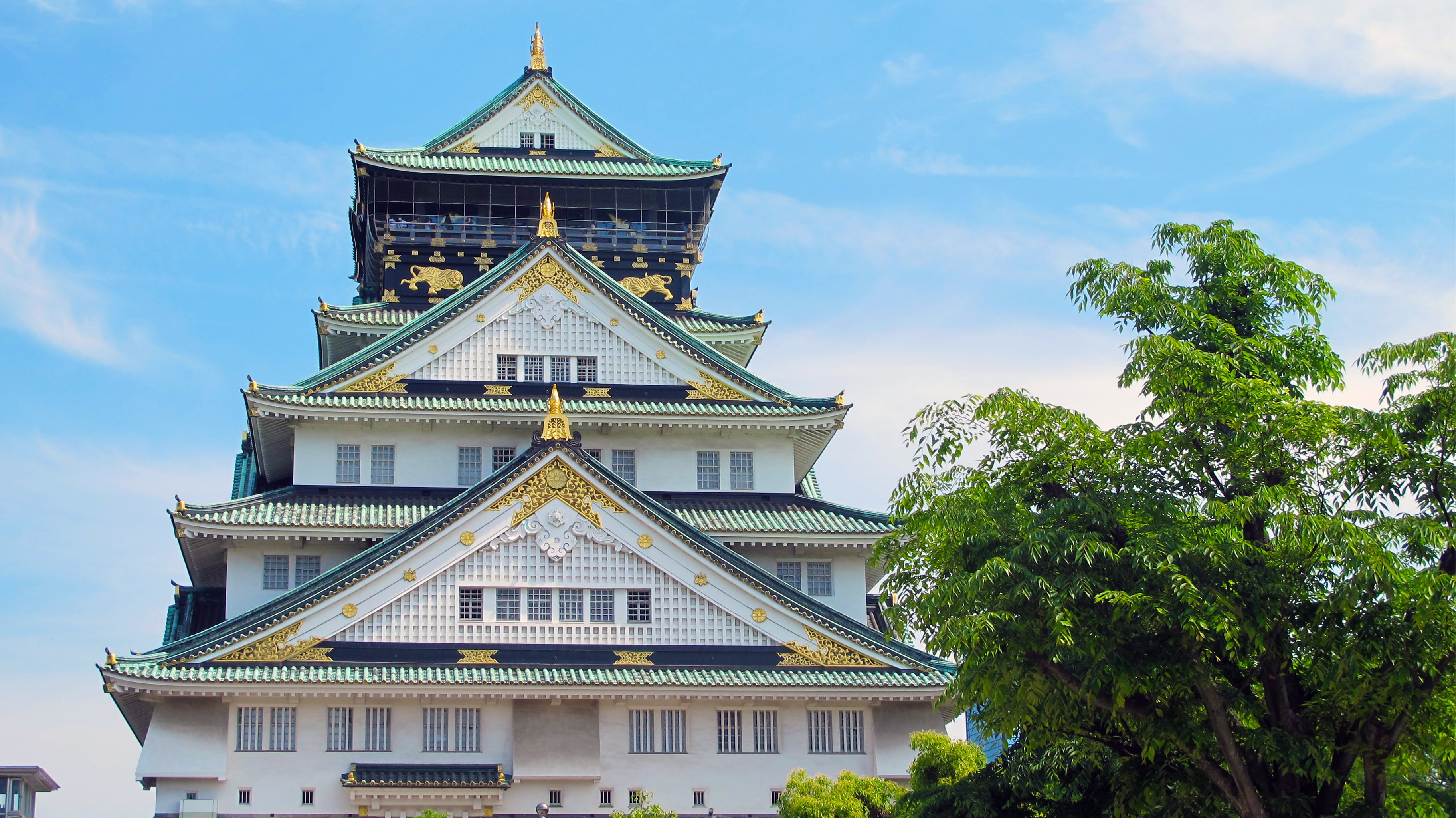 day, the past, tower, japanese Culture, cultures, five, osaka, built structure, azuchi-momoyama period, plant, japan, famous Place, osaka castle, city, HD Wallpaper