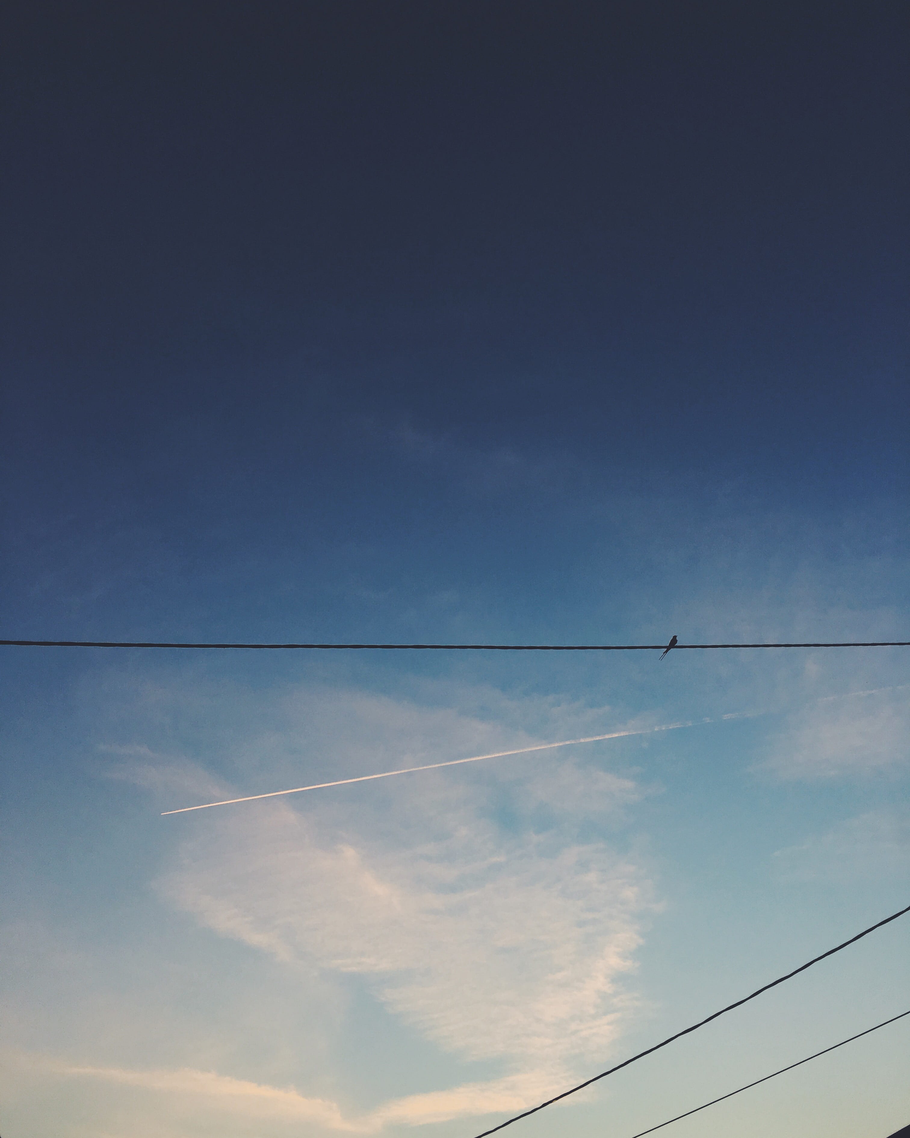 no people, transportation, beauty in nature, power supply, 2K, cloud - sky, flying, vapor trail, contrail, sky, soft, croatia, telephone line, spring, Phone HD Wallpaper