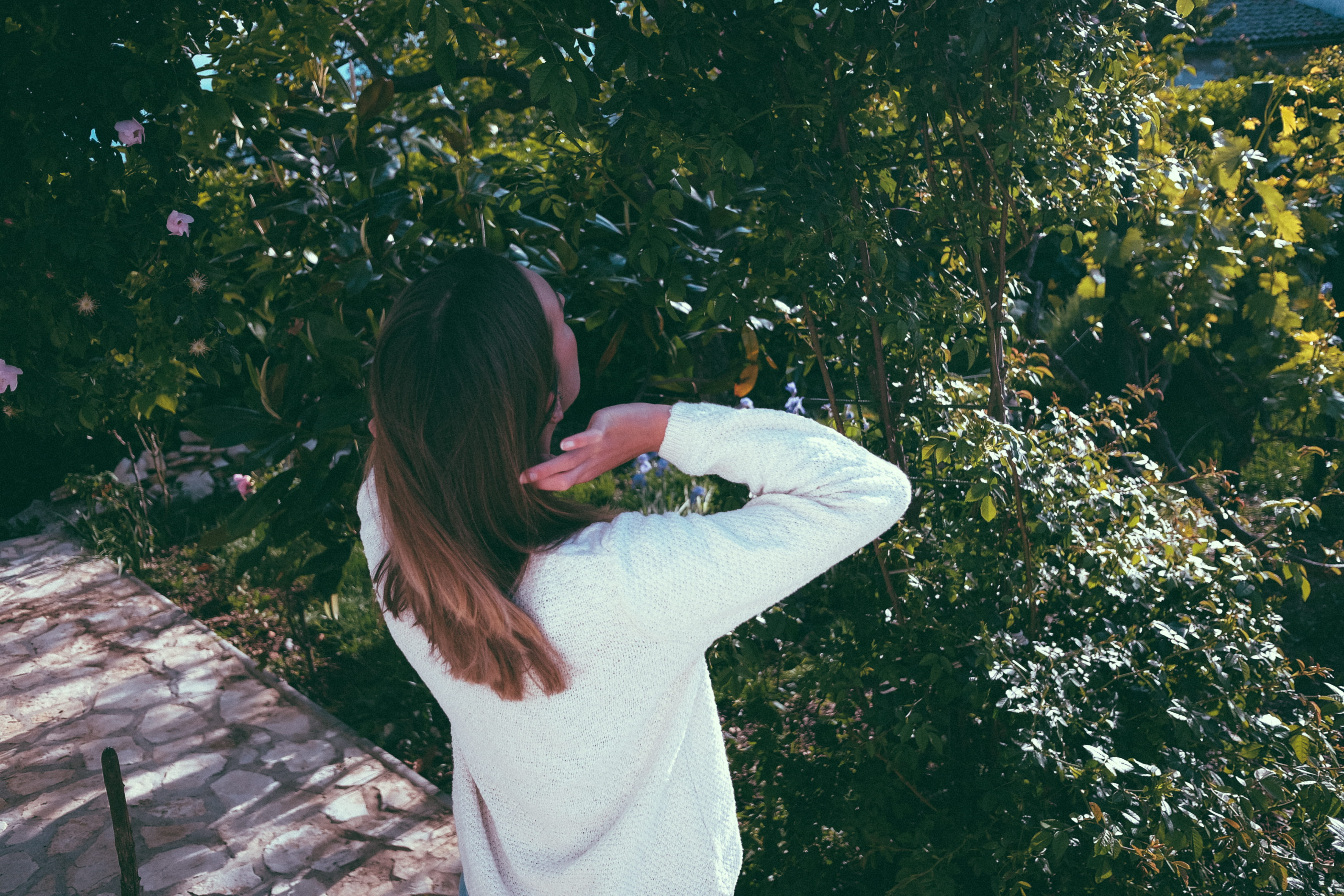 greens, lifestyles, moving, adult, mornings, 4K, women, day, soft, rear view, long hair, green color, growth, outdoors, tree, garden, portrait, girl, plant, HD Wallpaper
