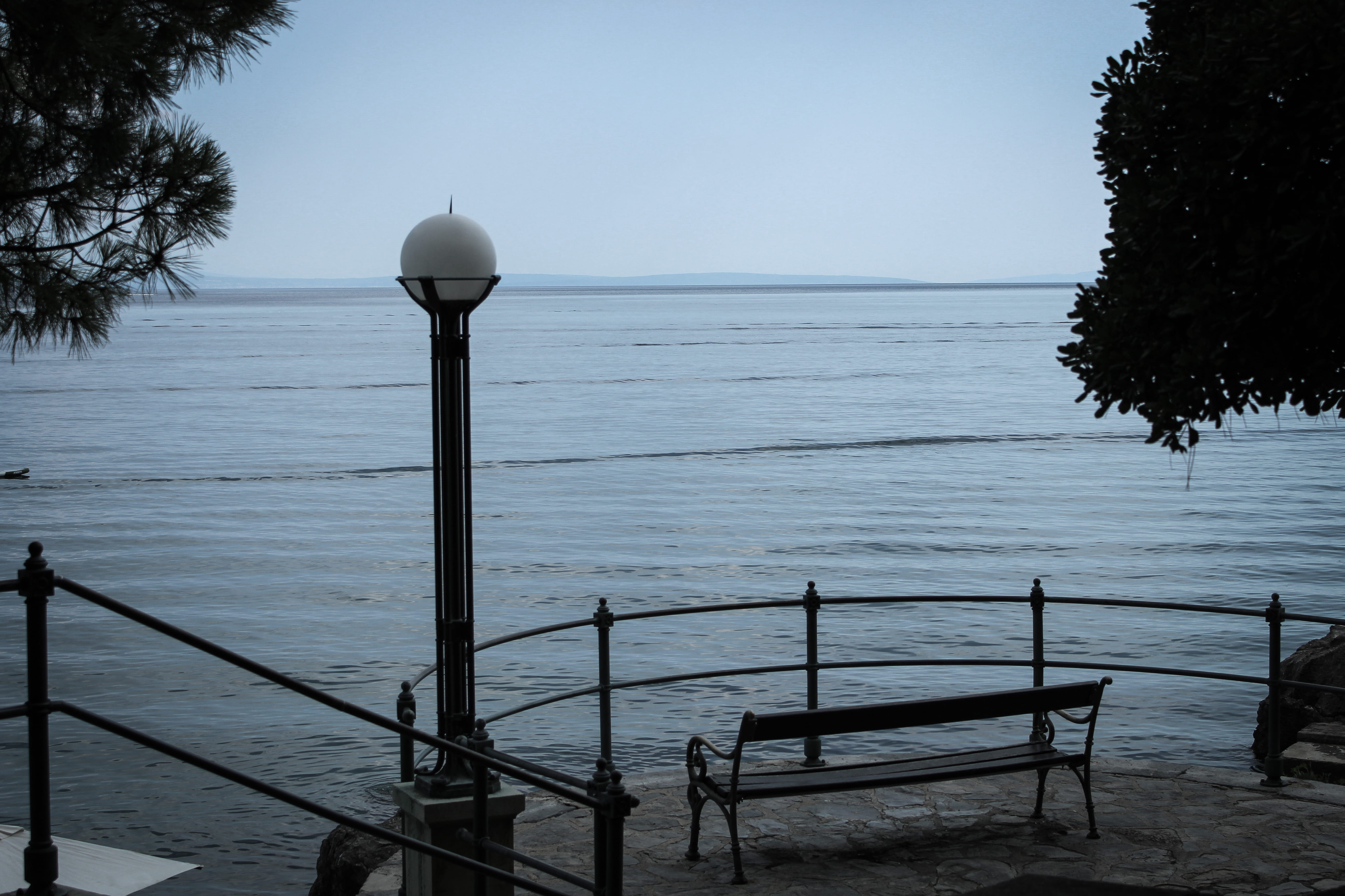 tree, tranquil scene, water, rijeka, bench, croatia, tranquility, street light, horizon over water, plant, beauty in nature, stairs, scenics - nature, nature, HD Wallpaper