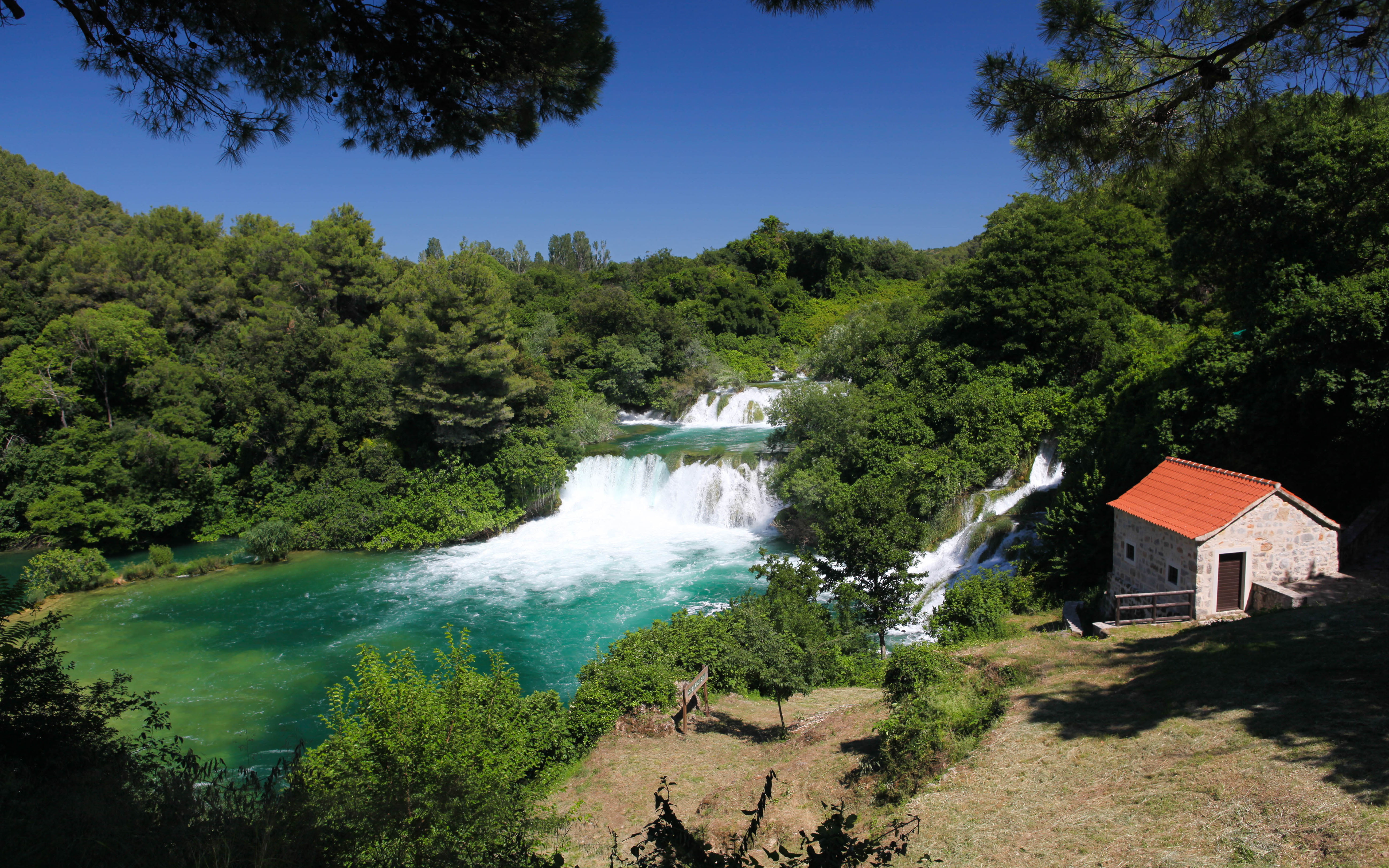 tree, growth, waterfalls, nature, sunlight, plant, river, power in nature, stone, no people, waterfall, day, flowing, architecture, house, sky, krka, outdoors, HD Wallpaper
