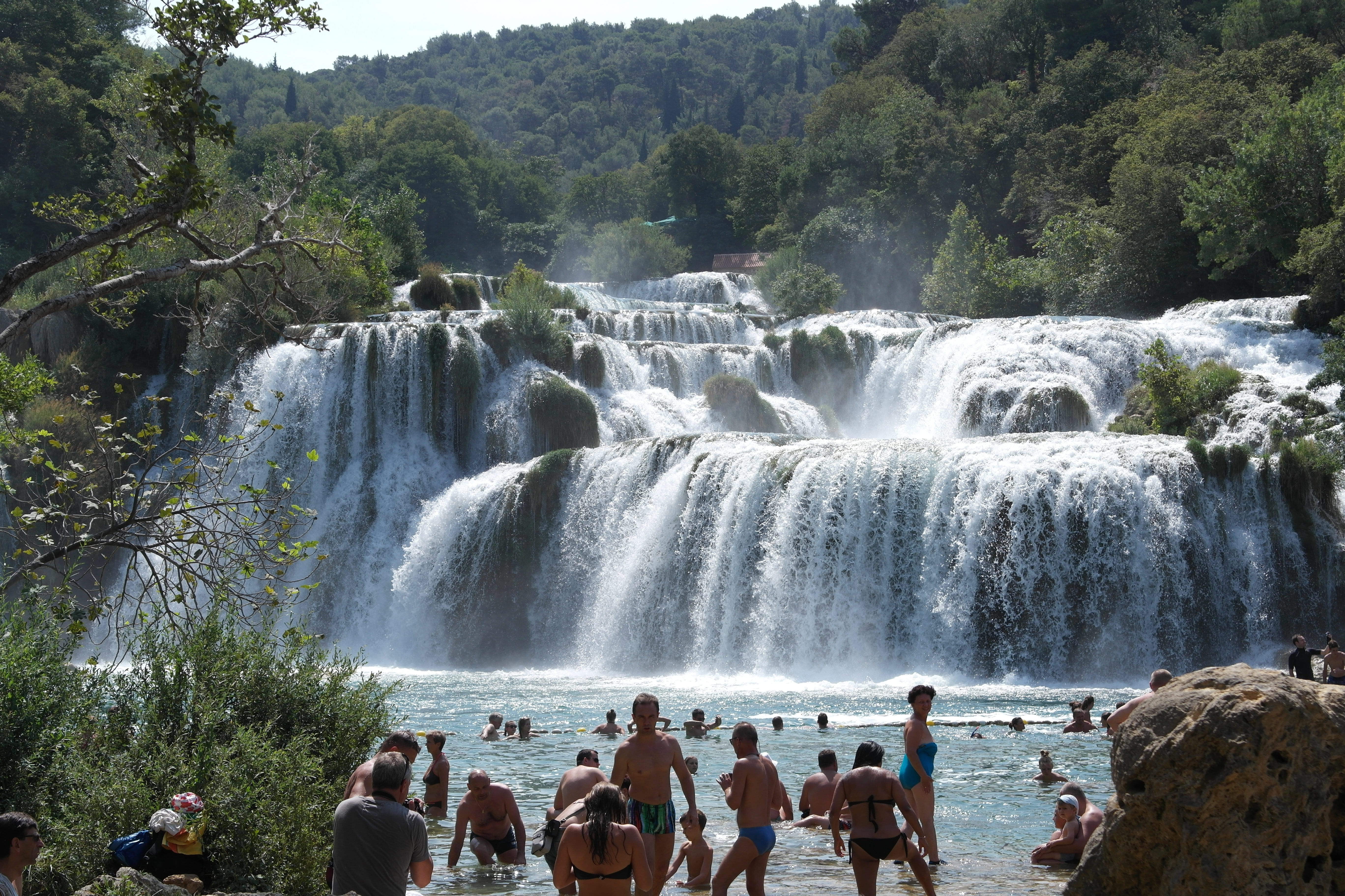 real people, tree, scenics - nature, splashing, men, krka, power, visitors, forest, waterfall, large group of people, group of people, motion, power in nature, HD Wallpaper