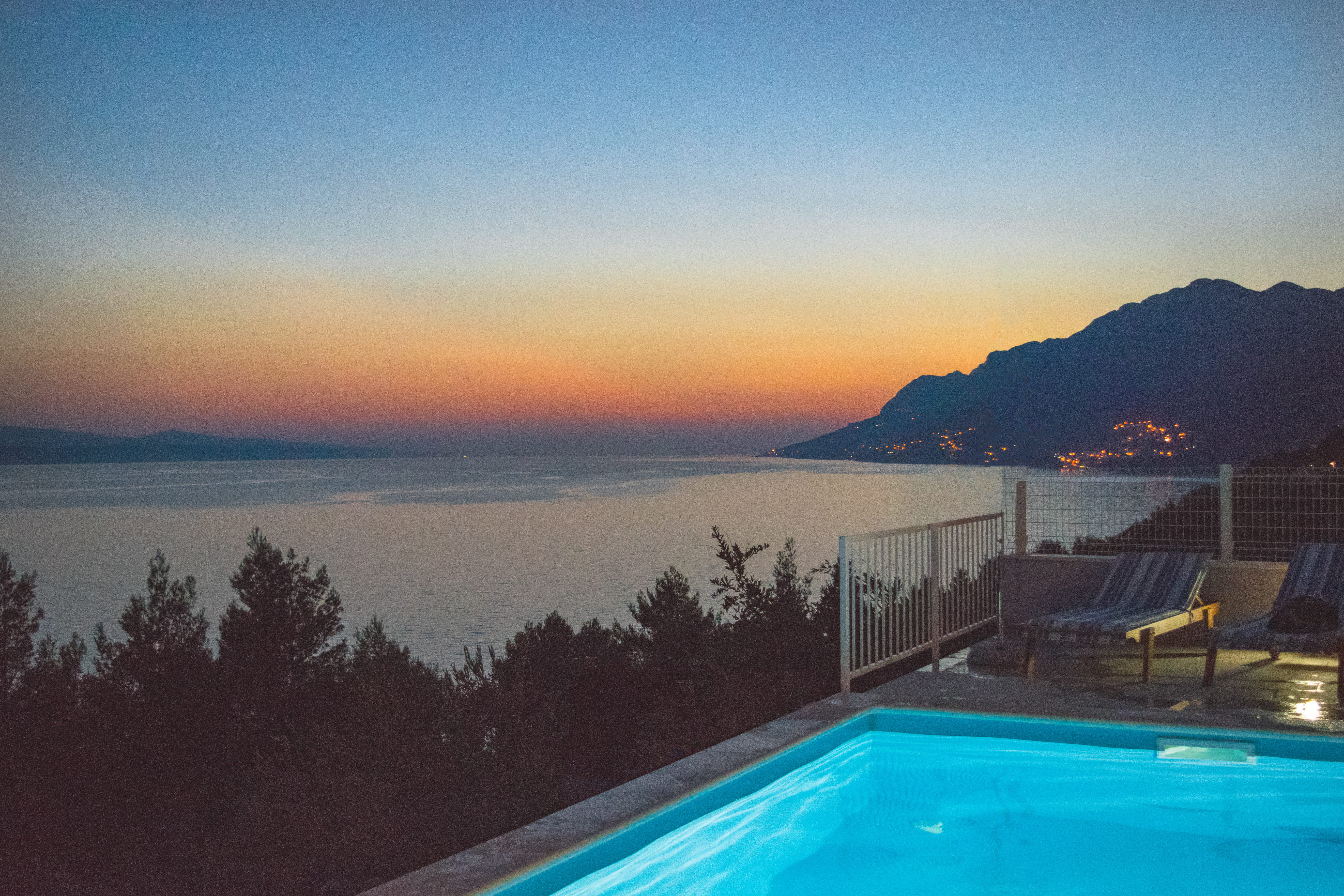 croatia, infinity pool, mountain, sky, scenics - nature, tranquil scene, travel destinations, sunset, sea, 5K, luxury, tree, outdoors, brela, tourist resort, HD Wallpaper