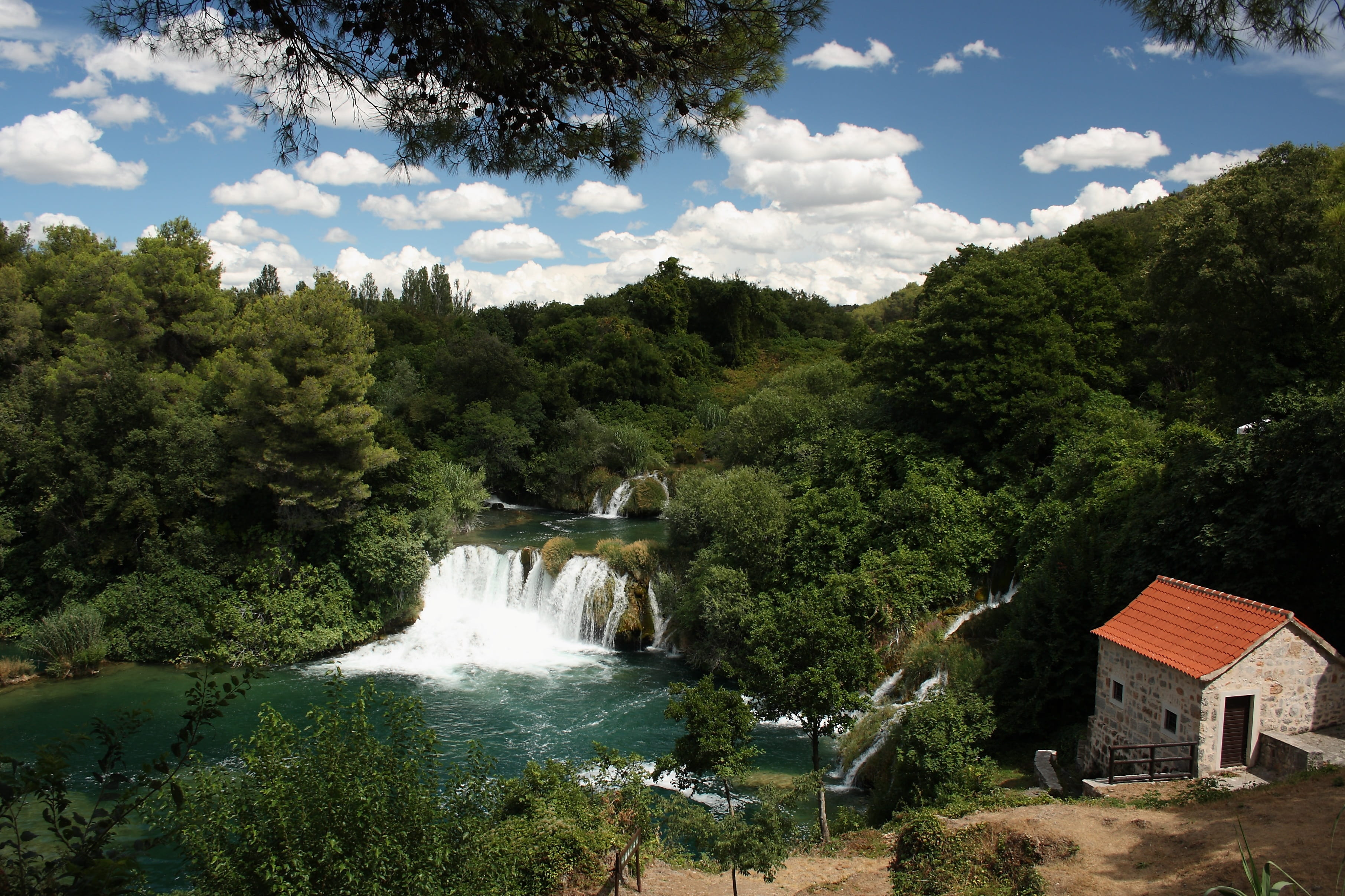 croatia, water, no people, cloud - sky, built structure, beauty in nature, flowing water, krka, mountain, nature, 2K, growth, scenics - nature, waterfall, HD Wallpaper