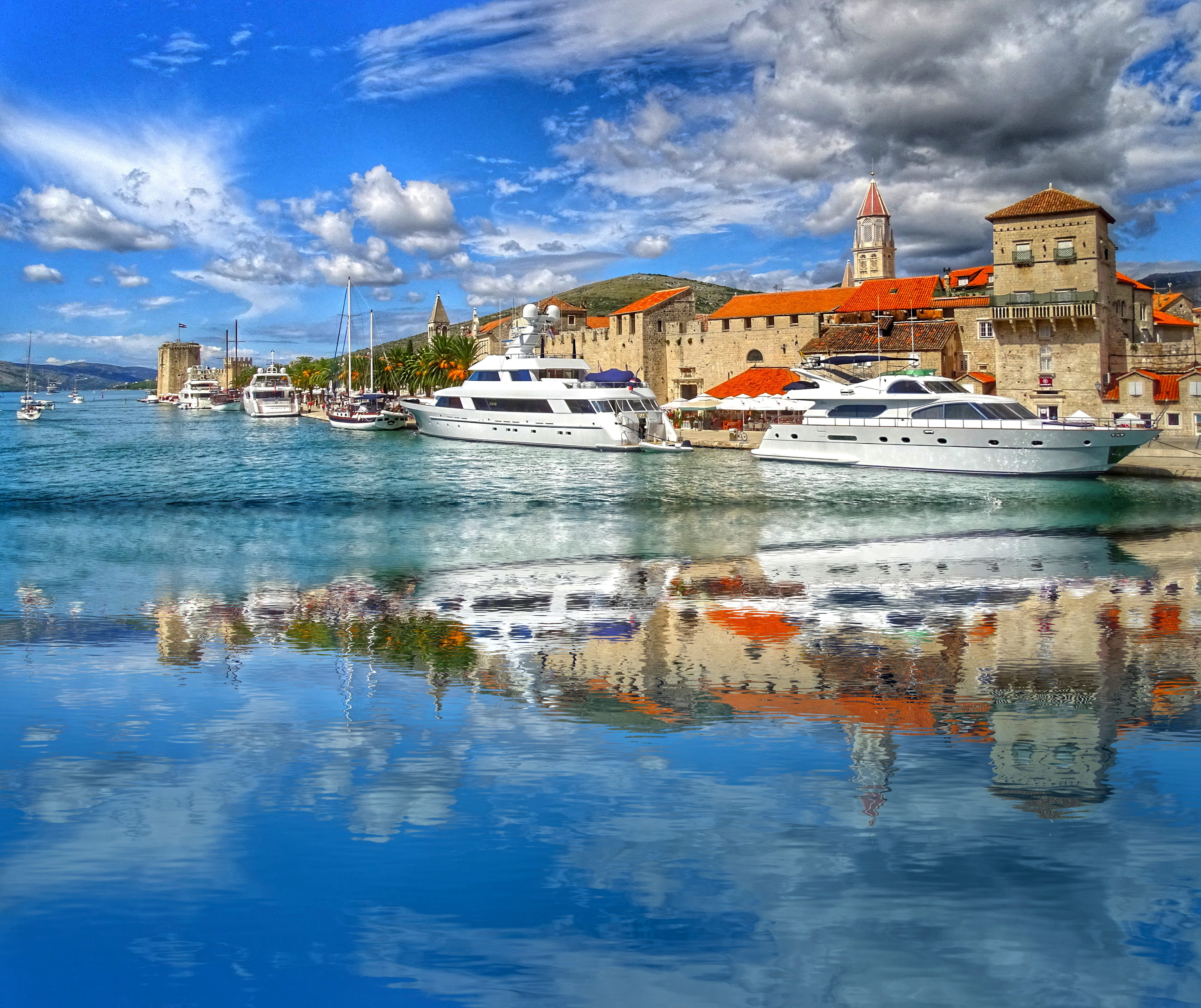 sky, sea, mode of transportation, ship, 4K, reflection, no people, travel, cruise ship, building, cloud - sky, outdoors, building exterior, moored, harbor, HD Wallpaper