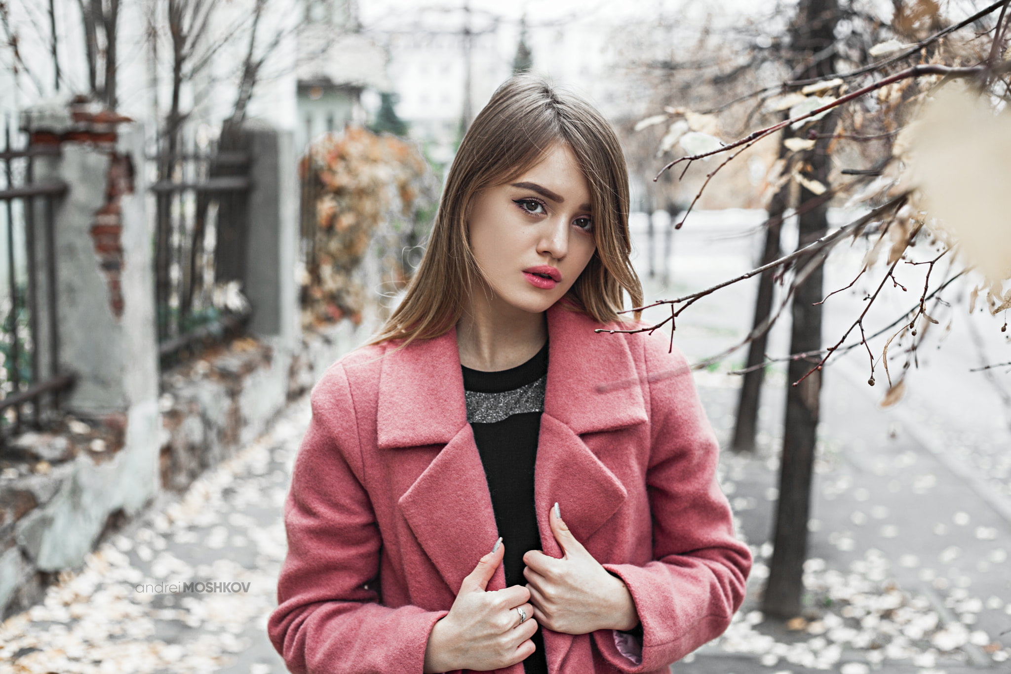 hairstyle, 1080P, contemplation, winter, leisure activity, women, depth of field, real people, blonde, outdoors, portrait, pink coat, standing, beauty, HD Wallpaper