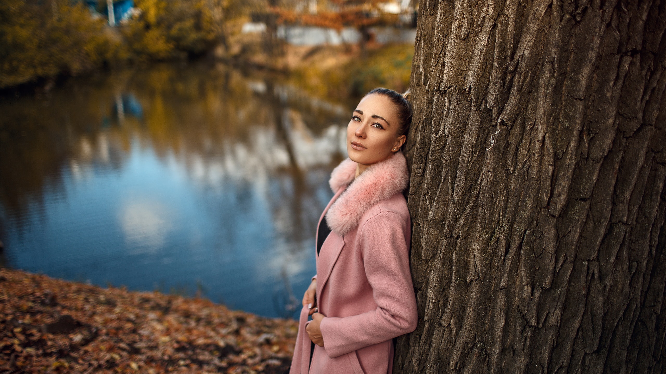 ponytail, pink coat, portrait, focus on foreground, hairstyle, leisure activity, model, real people, day, lifestyles, tree trunk, women outdoors, 2K, three quarter length, HD Wallpaper