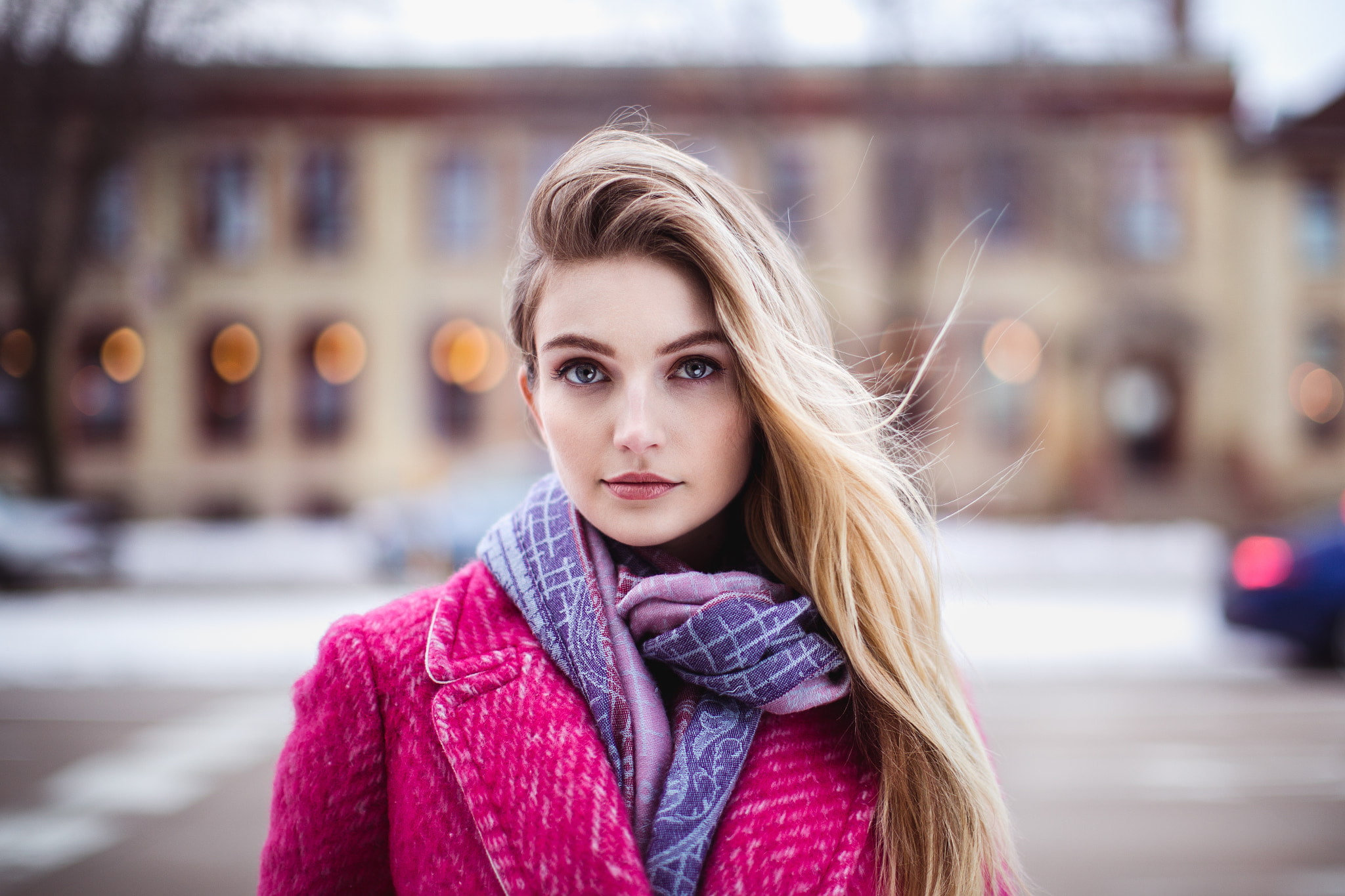Katelyn Parker, pink coat, blonde, women, blue eyes, portrait, scarf, bokeh, Robert Stebler, 1080P, looking at viewer, HD Wallpaper