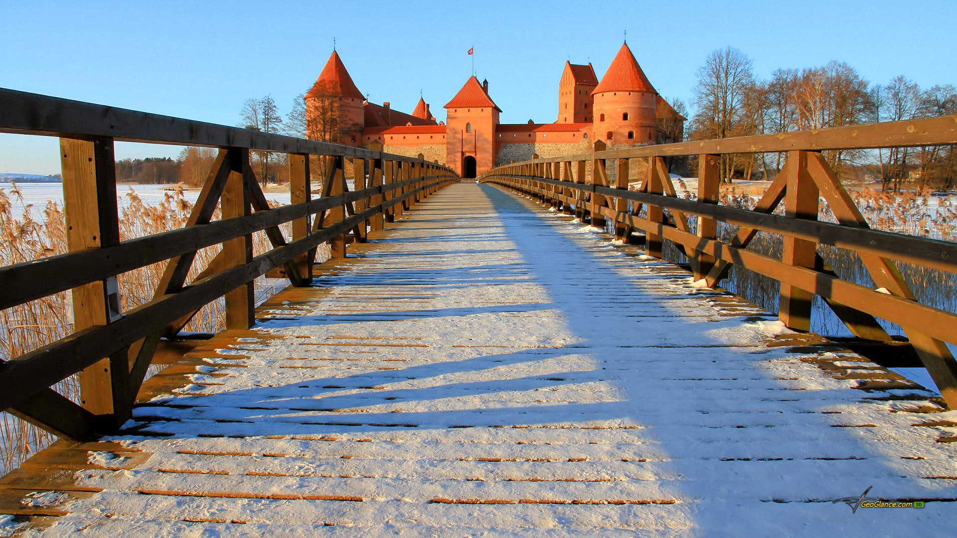 river, castle, nature and landscapes, winter, 1080P, lithuania, trakai, bridge, HD Wallpaper