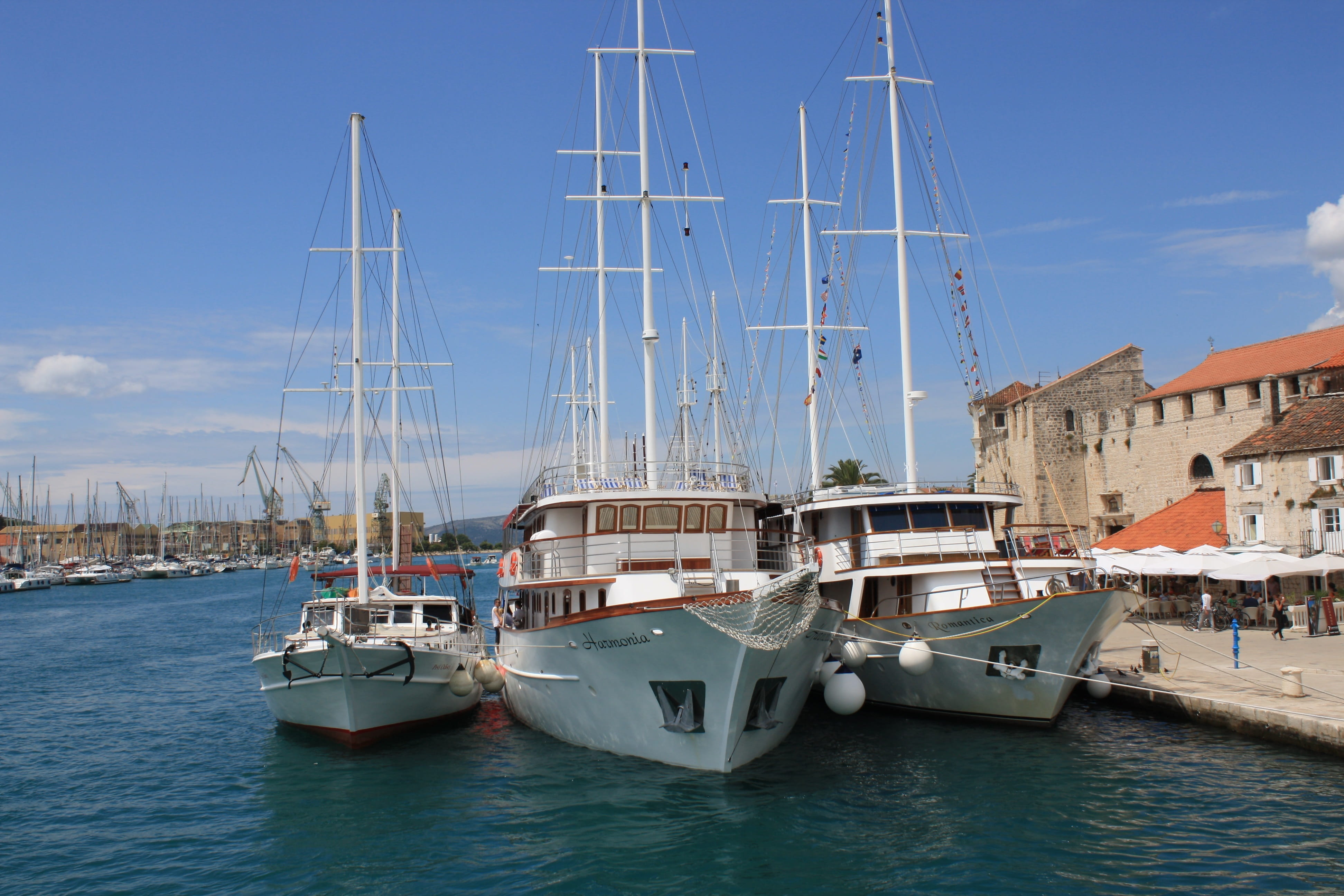 sailboat, yacht, luxury, Trogir, day, harbor, 4K, sky, sea, anchored, Croatia, mode of transport, Sailing Boats, transportation, pole, Port, building exterior, HD Wallpaper