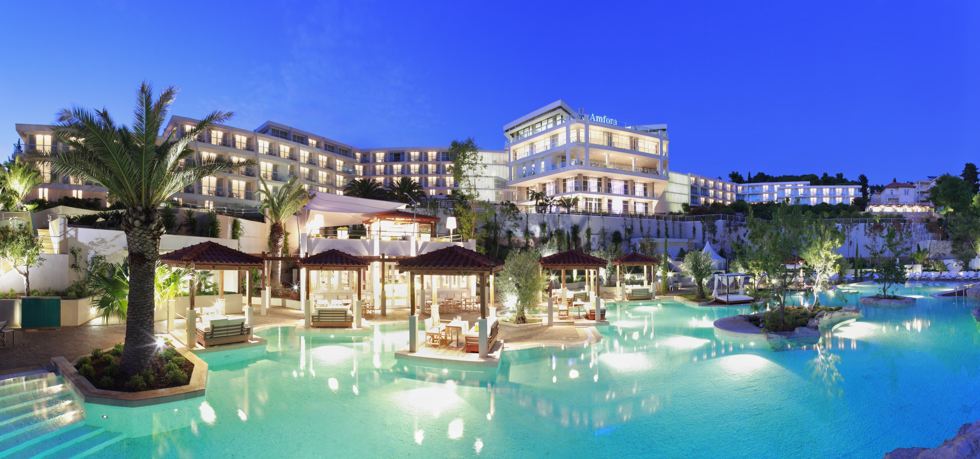 swimming pool, built structure, tropical climate, building exterior, tourist resort, water, illuminated, luxury, palm tree, 4K, travel destinations, tree, HD Wallpaper