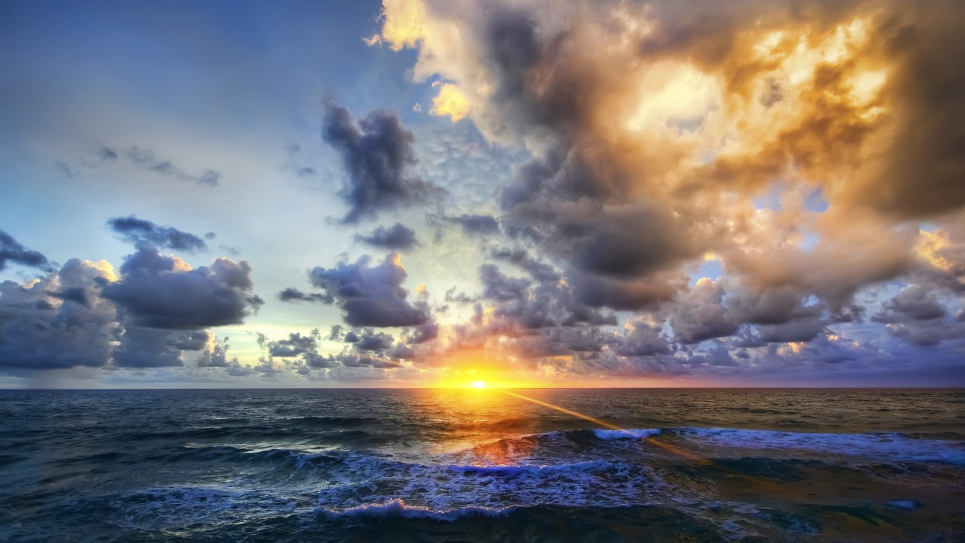 horizon over water, sunlight, cloud - sky, lens flare, land, tranquility, horizon, 1080P, dramatic sky, water, sea, clouds, Sun, no people, scenics - nature, HD Wallpaper