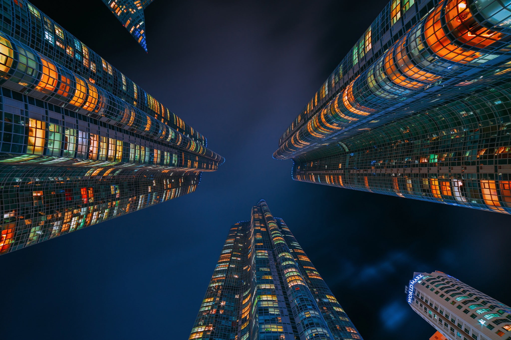 lights, skyscraper, urban, 1080P, worms eye view, HD Wallpaper