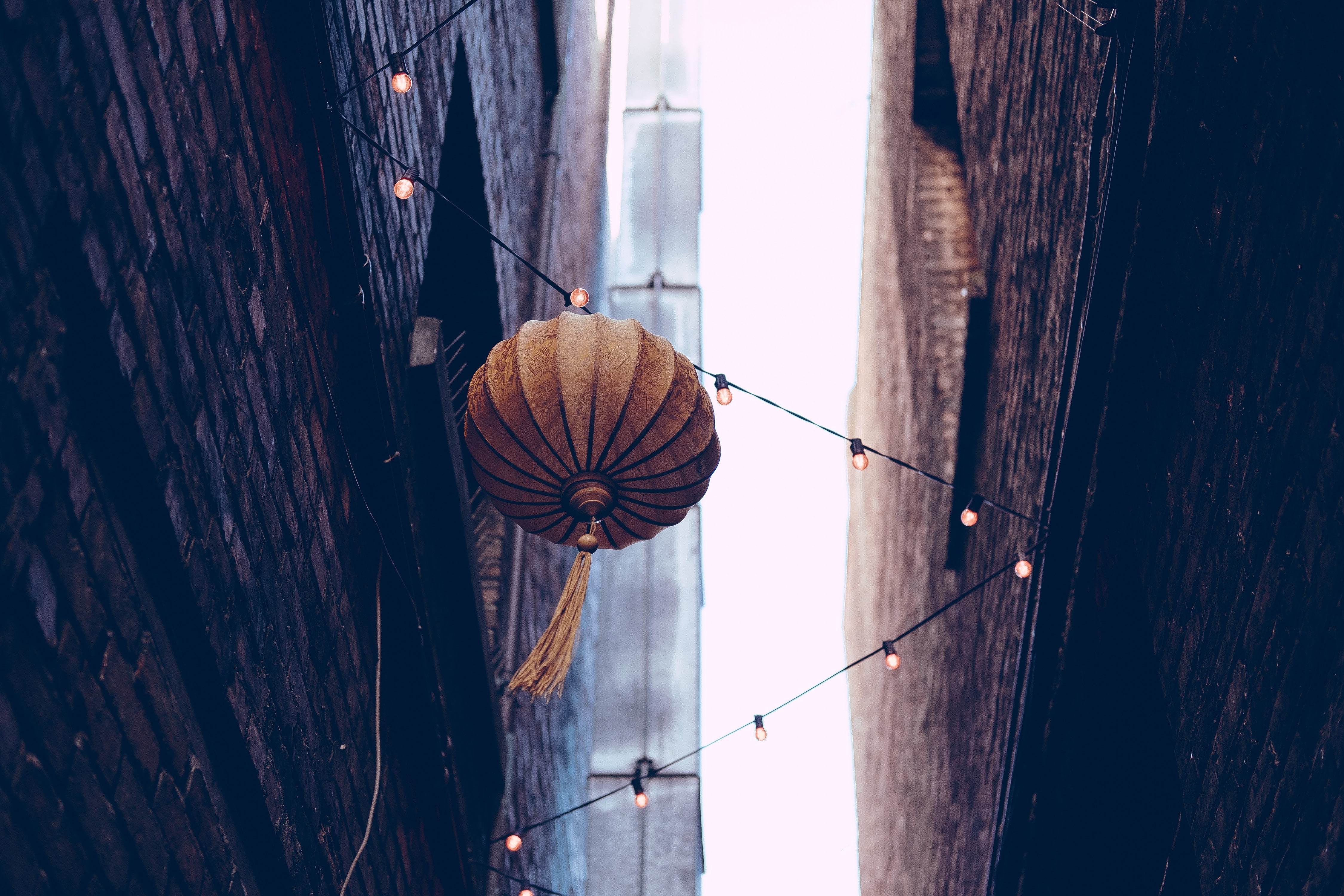 4K, city, light bulb, worms eye view, urban, wall, lantern, street, HD Wallpaper