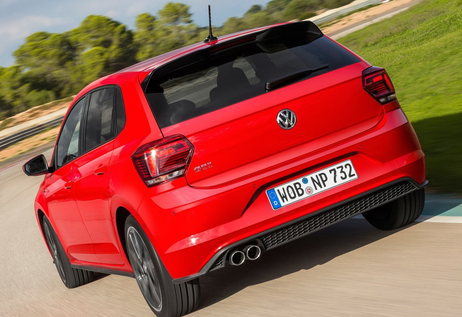 red, nature, day, no people, land vehicle, plant, tree, gti, transportation, (2018), communication, volkswagen, polo, car, 720P, text, motor vehicle, road, HD Wallpaper