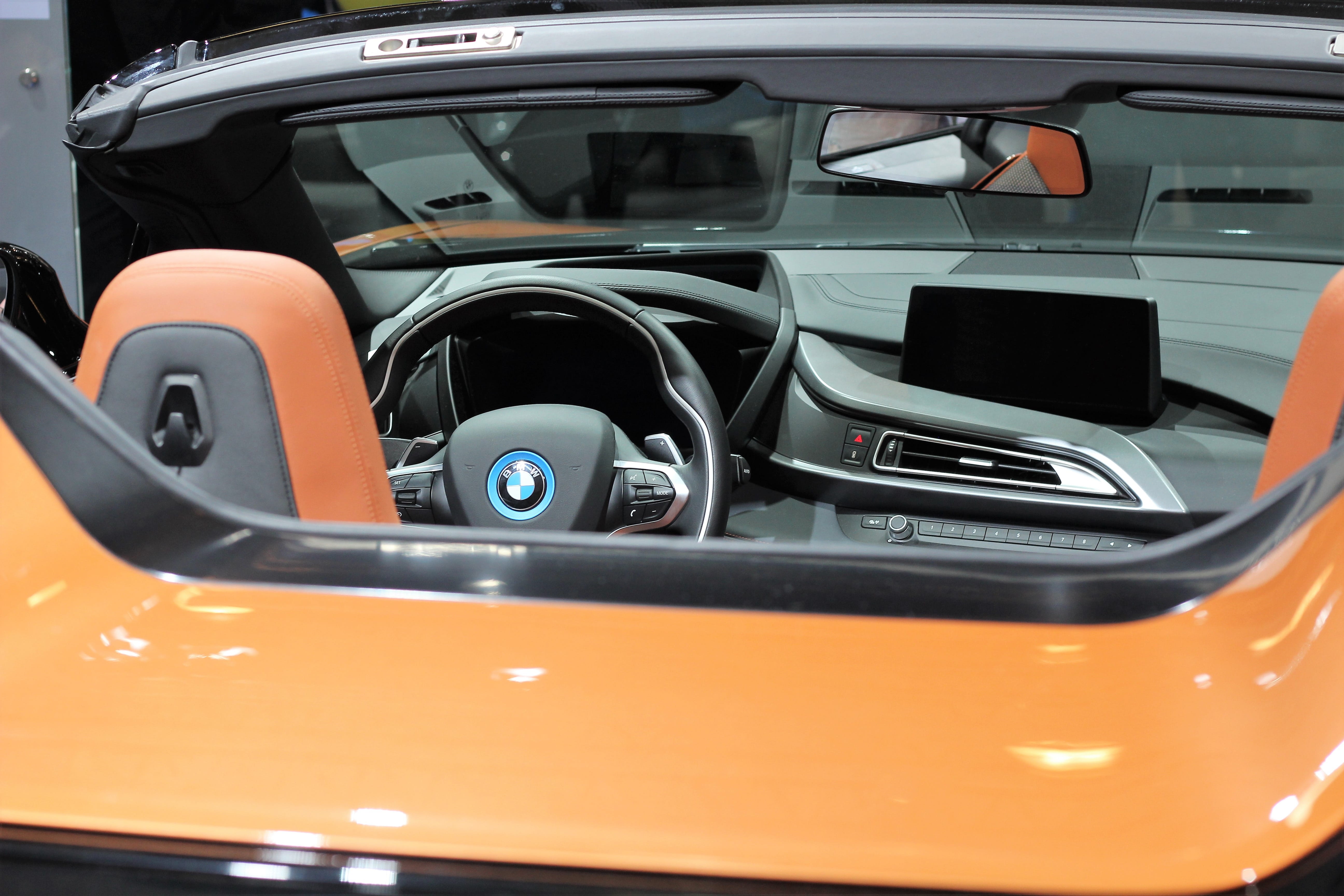 day, close-up, power, in a row, stationary, no people, retail, outdoors, orange color, 5K, vintage car, consumerism, bmw i8 roadster, auto show zagreb 2018, HD Wallpaper