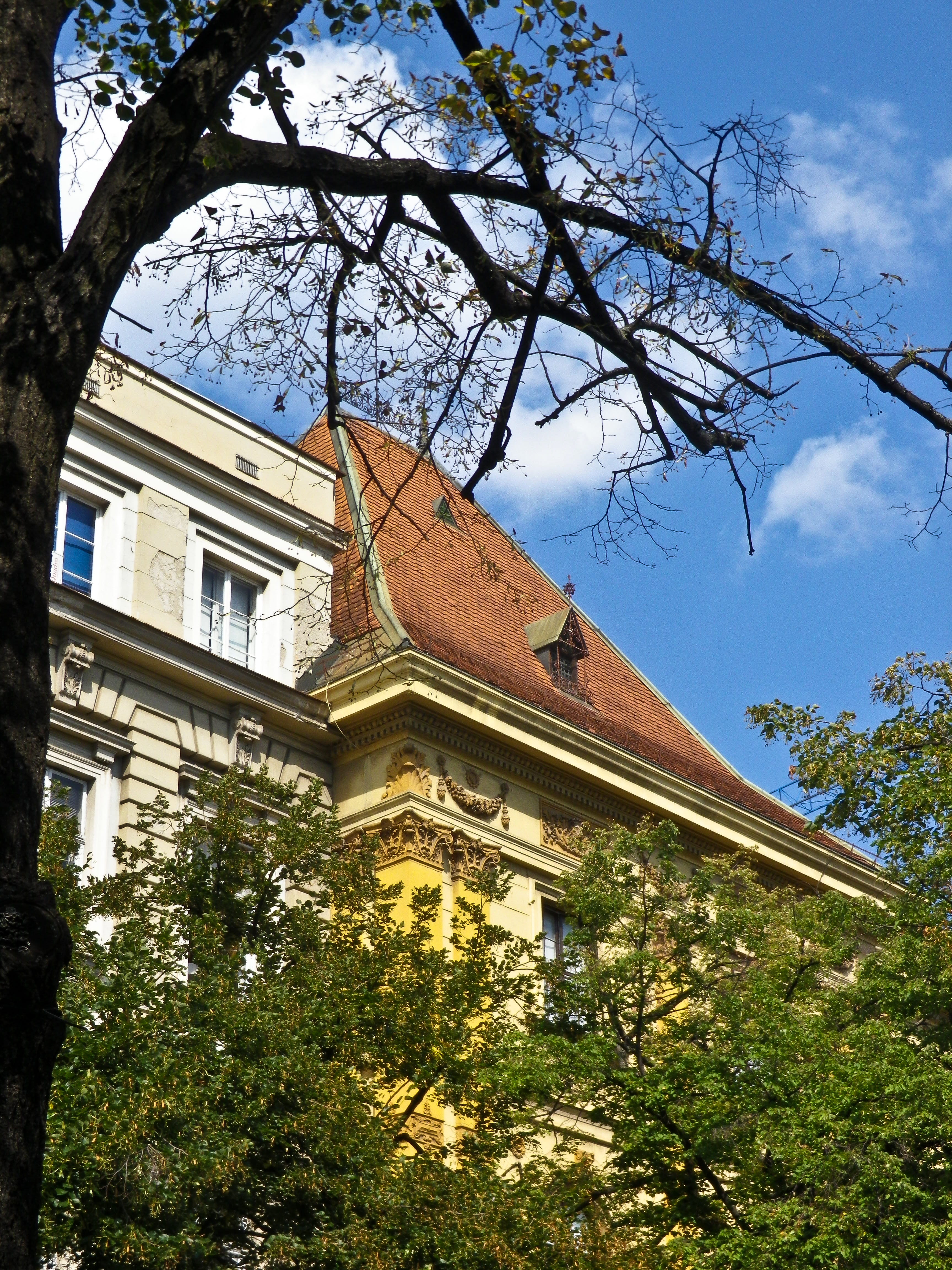 summer, old town, park, spire, belief, spirituality, building exterior, day, 4K, religion, croatia, nature, sky, zagreb, growth, branch, building, architecture, Phone HD Wallpaper