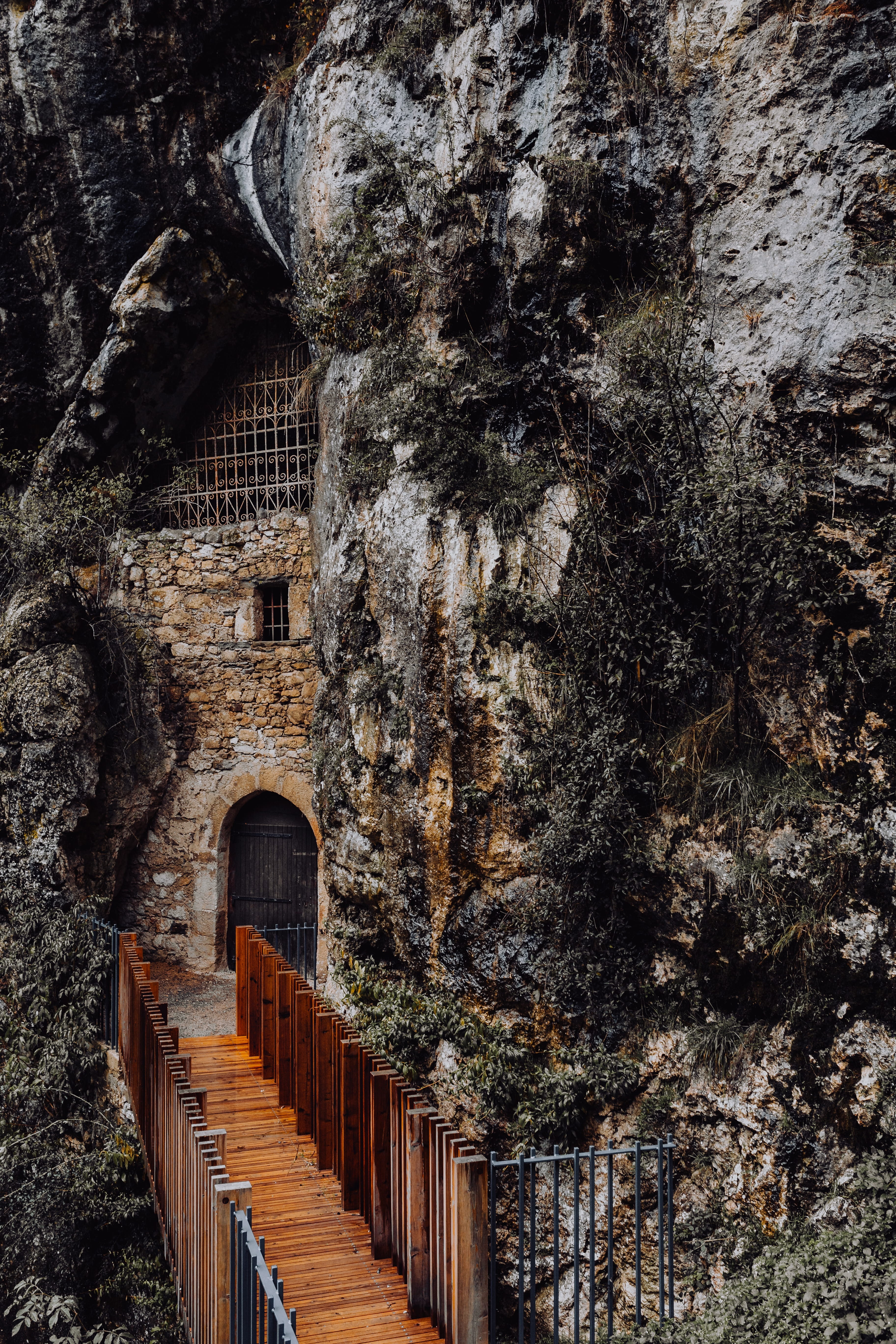 building, mysterious, railing, day, building exterior, architecture, no people, history, arch, tree, cliff, cave, old, the past, mouth, ancient civilization, Phone HD Wallpaper