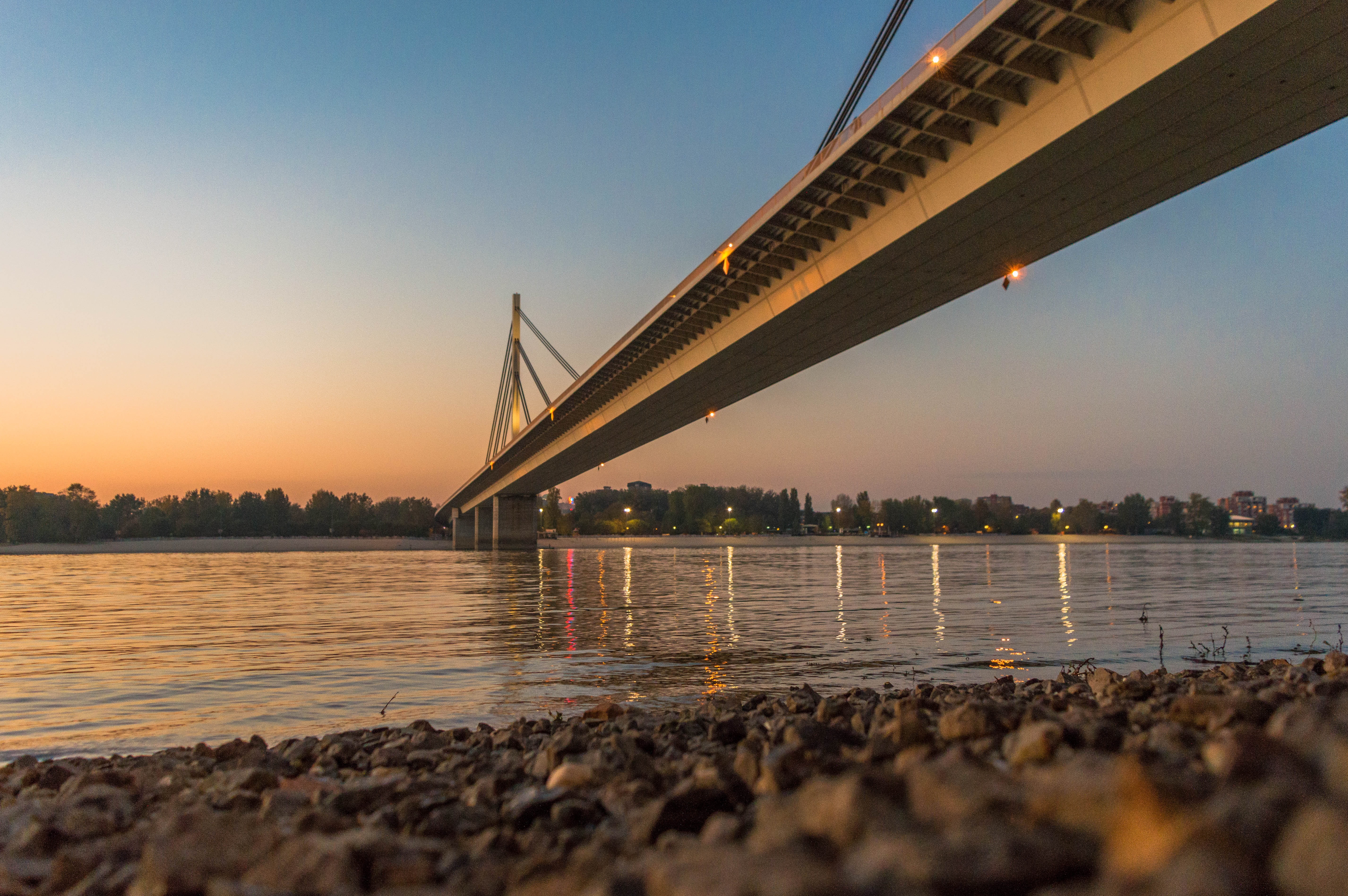 cityscape, sunset, outdoors, sky, serbia, connection, liberty bridge, clear sky, novi sad, built structure, river, nature, 5K, bridge - man made structure, HD Wallpaper