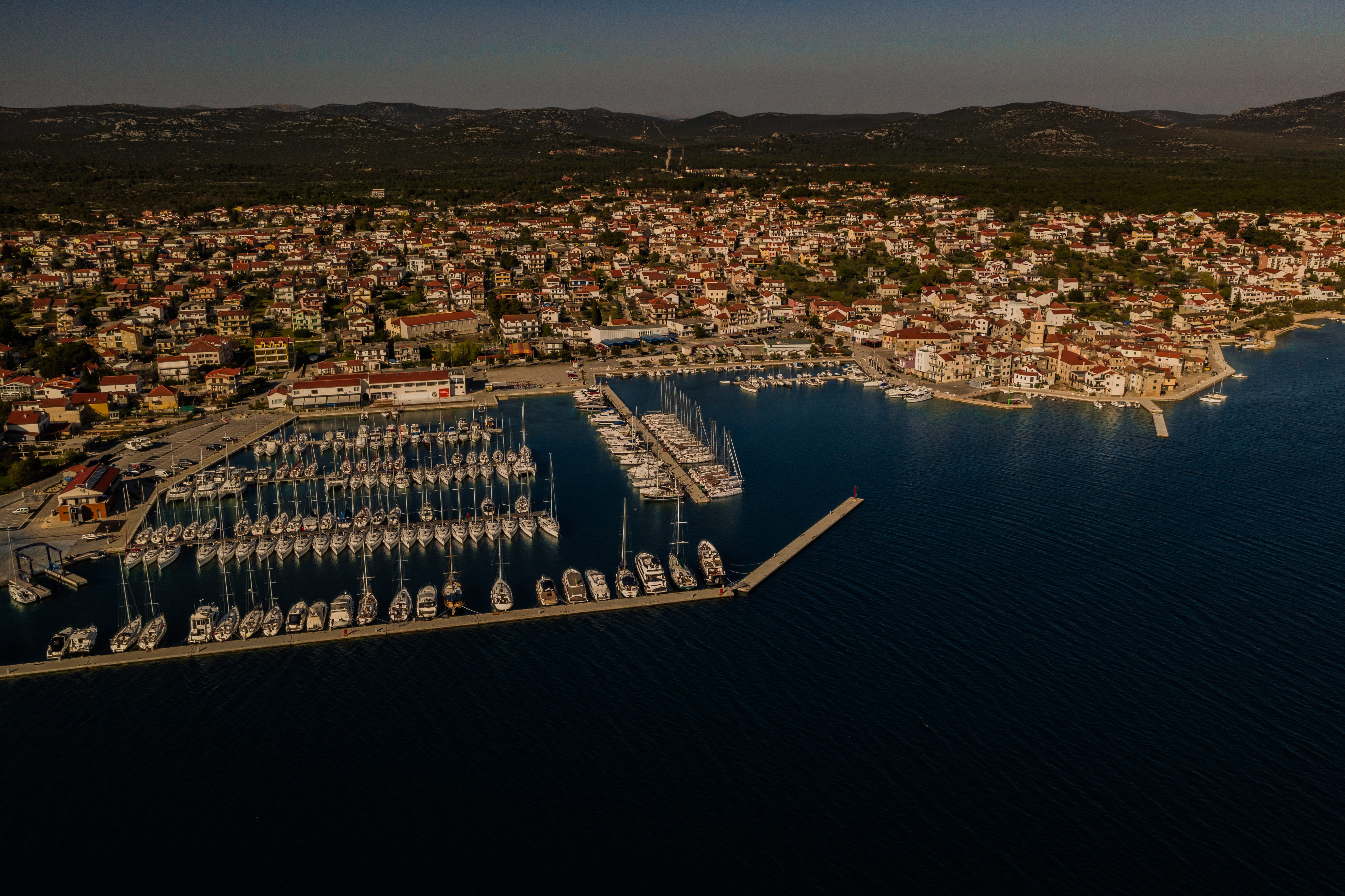 dalmatia, red, pier, aerial view, no people, croatia, scenery, dock, landscape, 5K, city, building exterior, marina, town, hrvatska, building, nature, HD Wallpaper