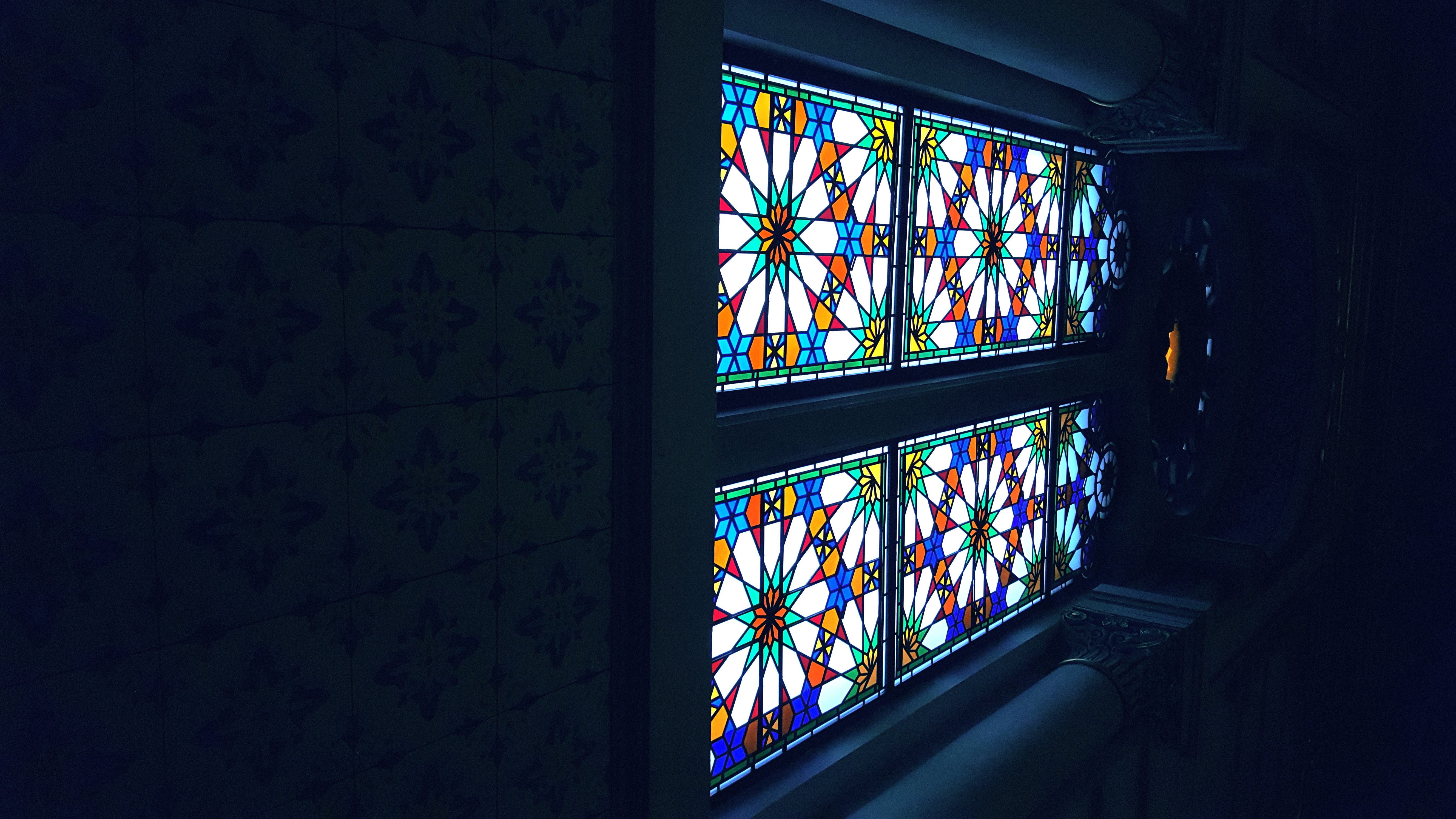 wall - building feature, dark, stained glass, low angle view, indoors, no people, window, design, glass, pattern, wall, shape, building, architecture, glass - material, HD Wallpaper