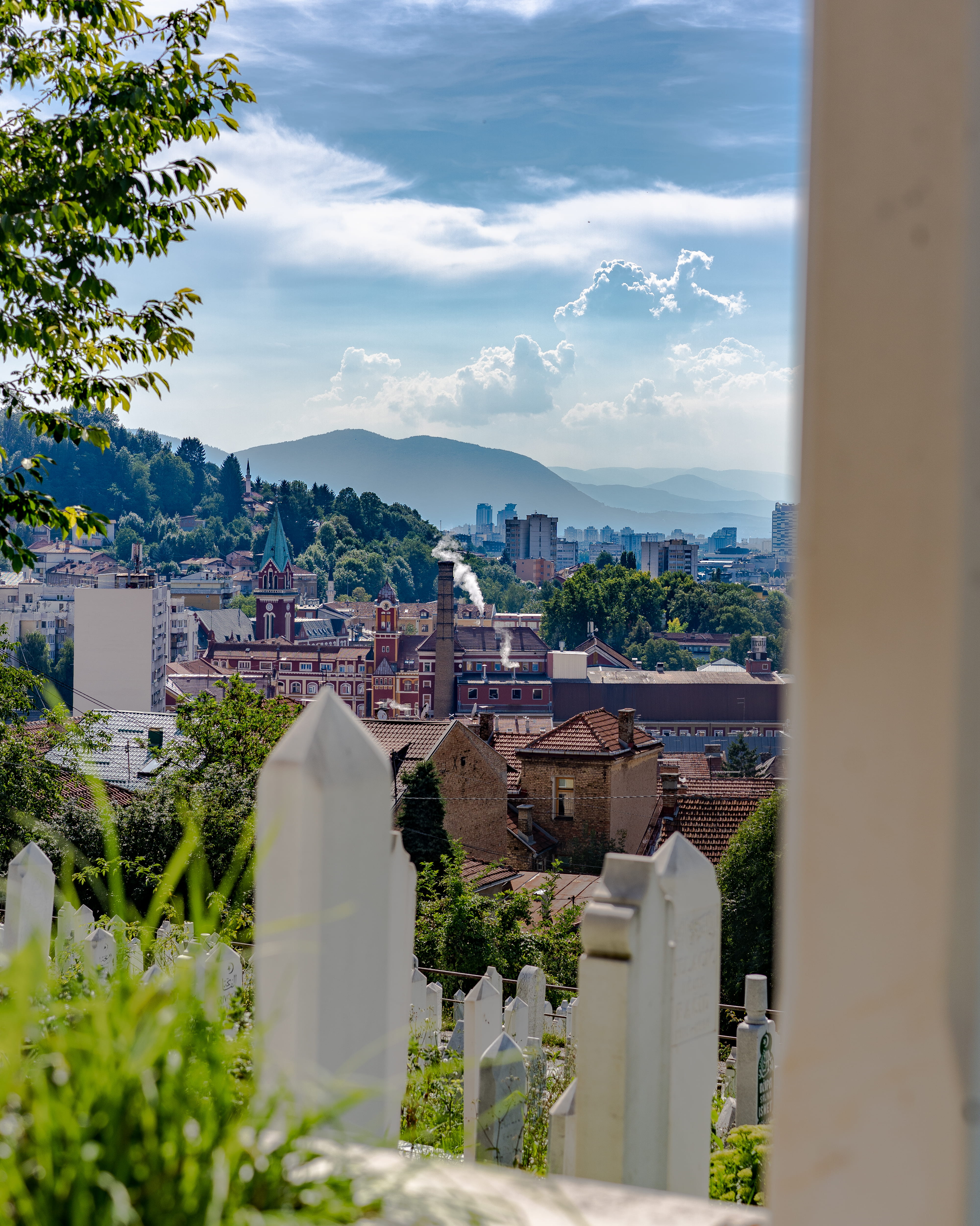 balkan, focus on background, cityscape, bosnia and herzegovina, day, townscape, sky, cemetery, mountain, plant, city scape, cloud - sky, tree, city, building, Phone HD Wallpaper
