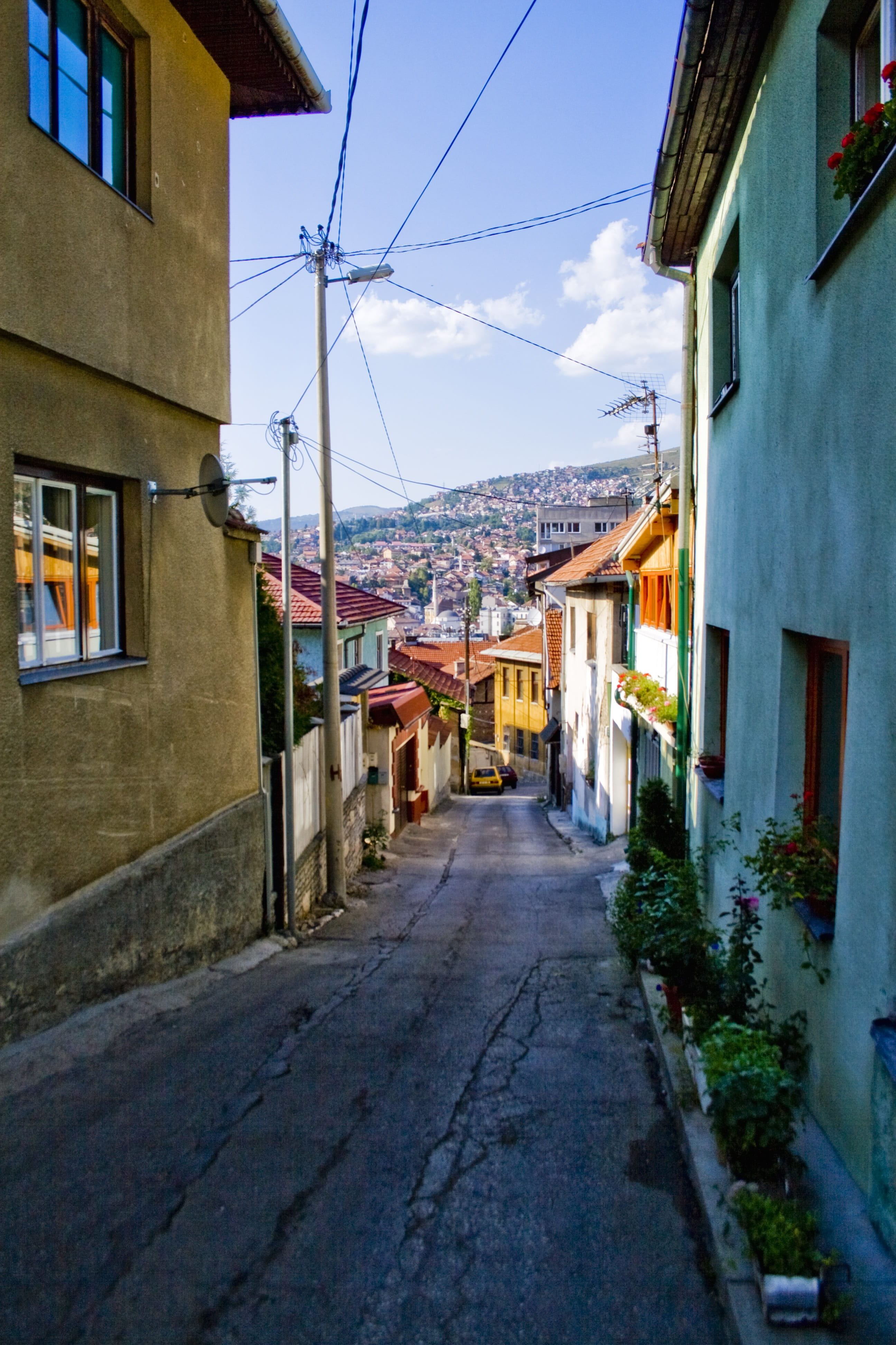 town, direction, power supply, 4K, sarajevo, street, architecture, alley, nature, cable, bosnia, transportation, travel, building, sky, building exterior, Phone HD Wallpaper