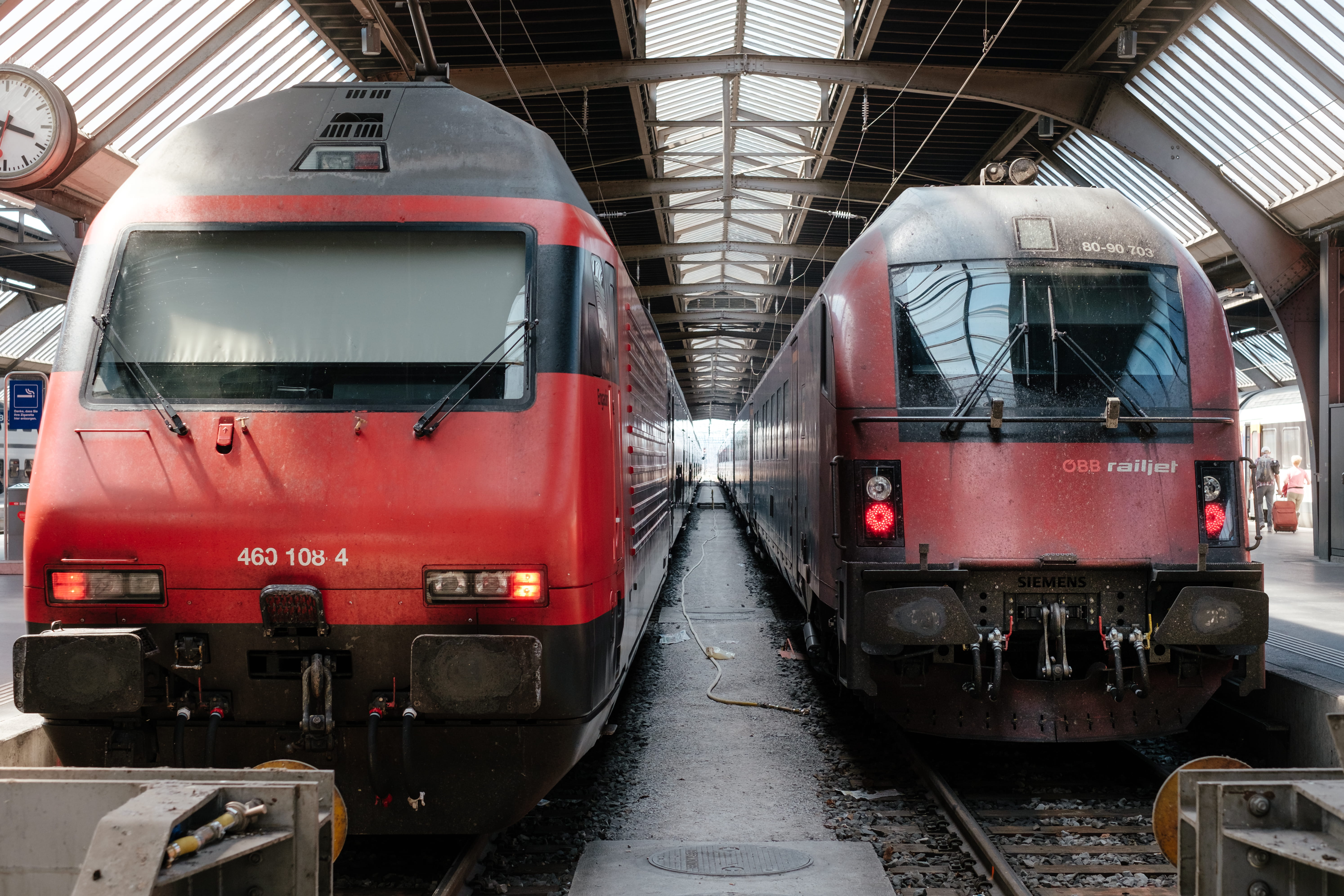 mode of transportation, railway, zurich main station, red, tower, number, 5K, train track, track, human, stationary, trains, architecture, freight transportation, HD Wallpaper