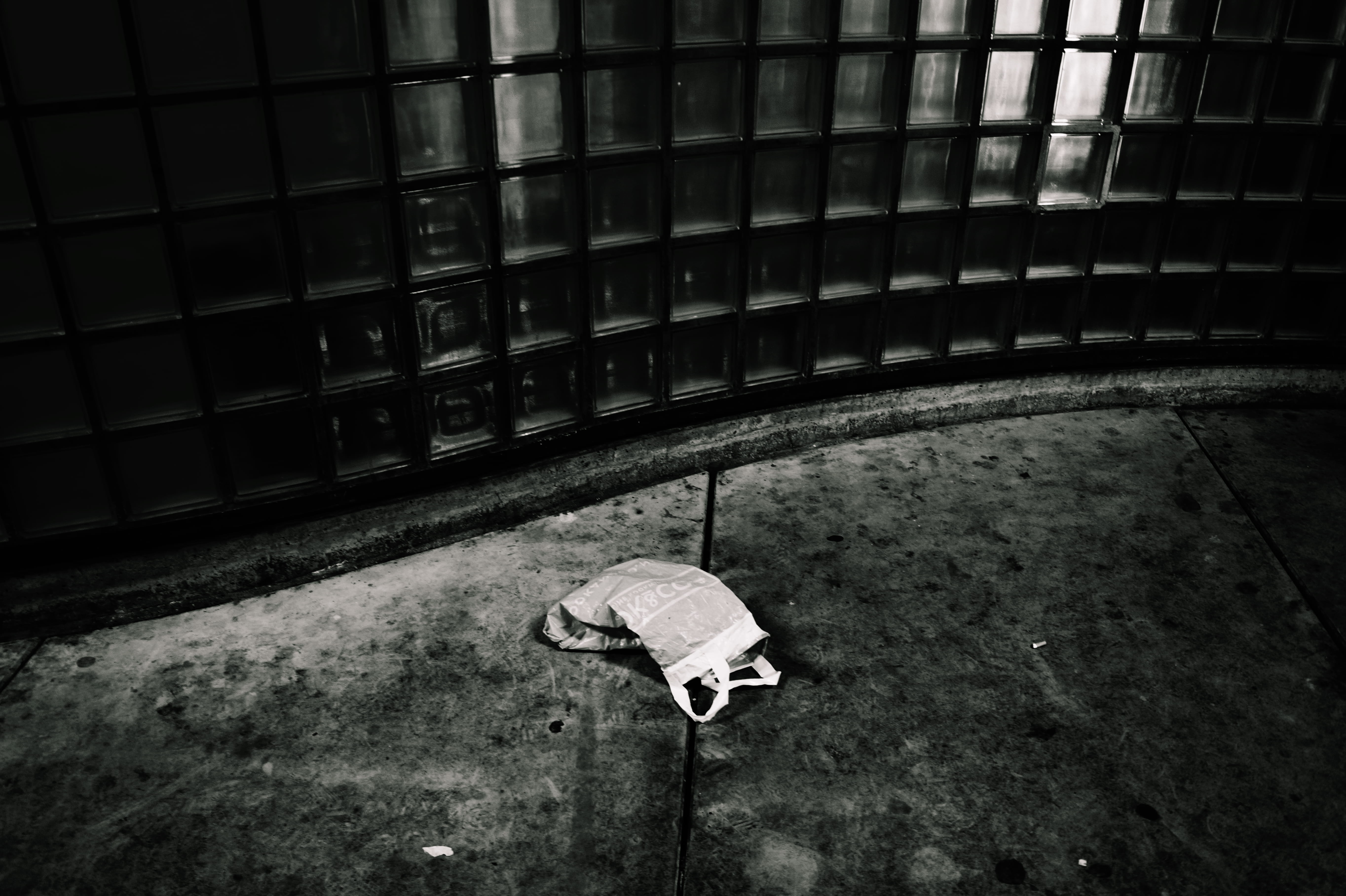 bag, pavement, animal skull, day, built structure, dirty, vintage, architecture, plastic, glass, concrete, 5K, building, black, city, wall, urban, white, HD Wallpaper